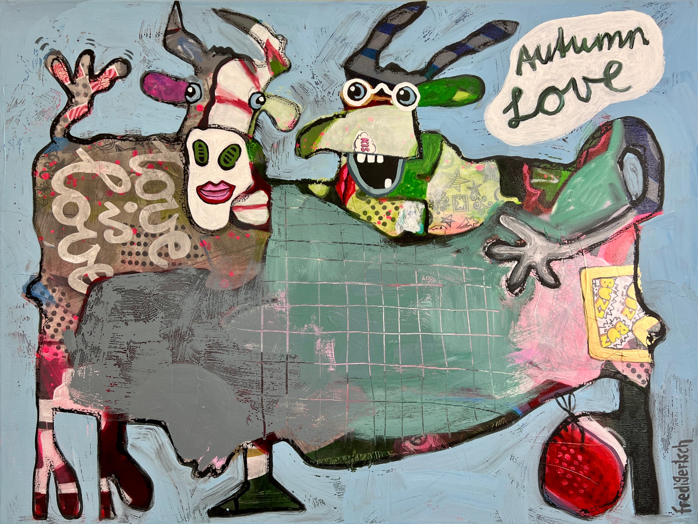 Pop Art 80x60cm Autumn Love, zwei Kühe Collage Schriftzug love is love Herbstfarben Freundschaft Lebensfreude Humor, Acryl Leinwand Original Fredi Gertsch