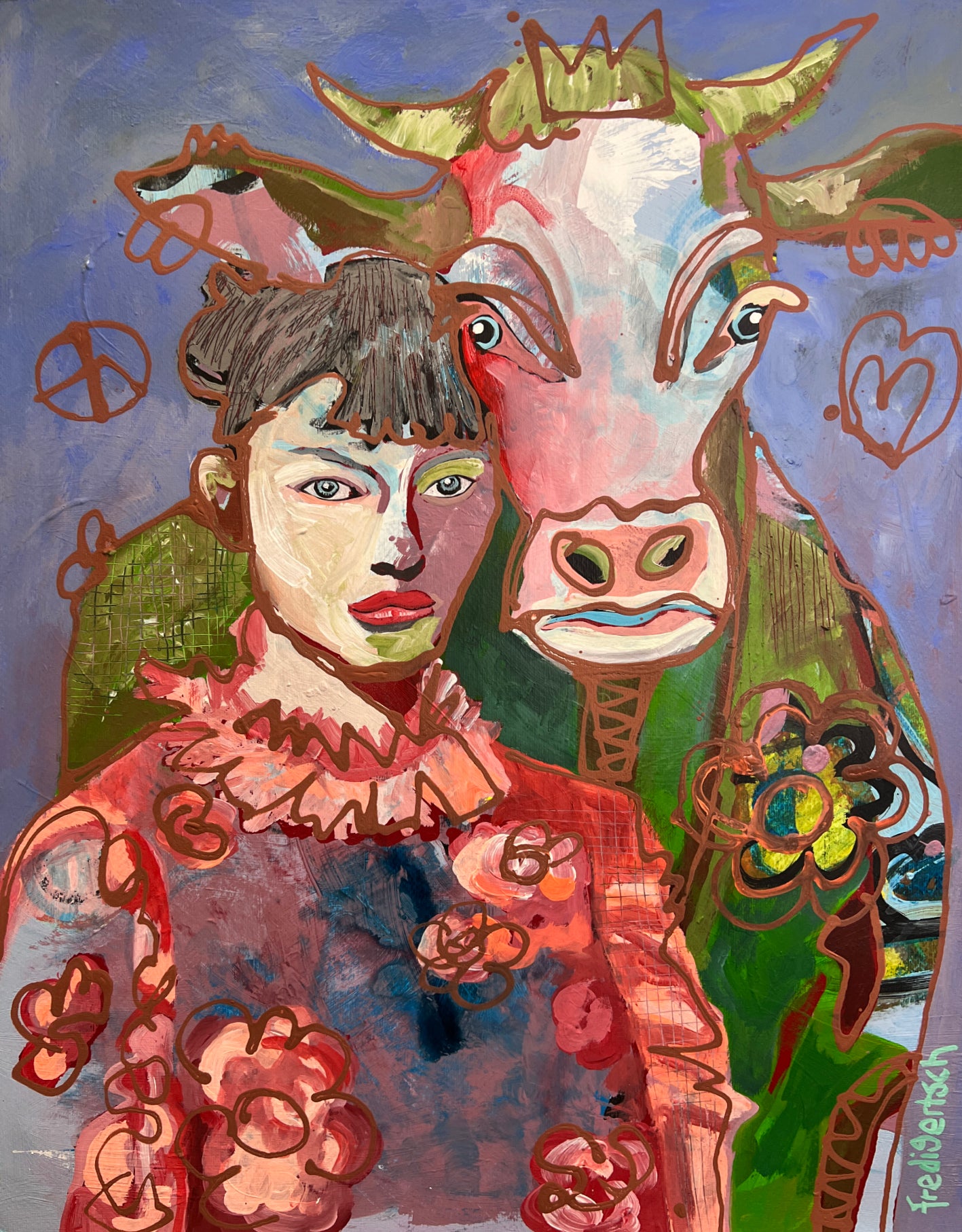 Pop Art Frau Kuh 50x64cm Soul Sisters, Girl Power Serie, Acryl Papier Original Fredi Gertsch