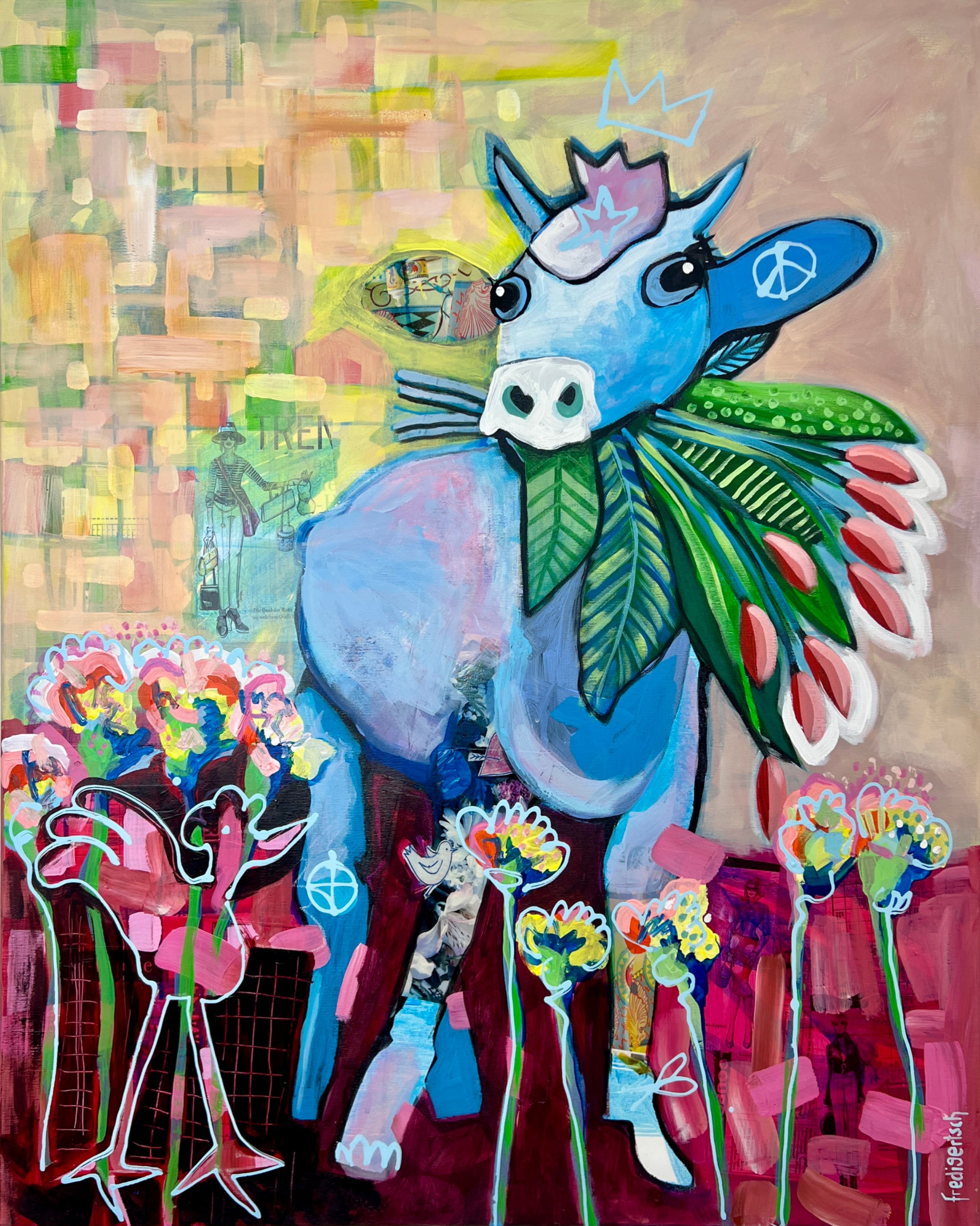 Pop Art 80x100cm Flower Power Baby, blaue Baby-Kuh Peace-Zeichen Basquiat-Krone bunte Blumen Hippie 60er 70er Frieden Liebe, Acryl Collage Leinwand Original Fredi Gertsch