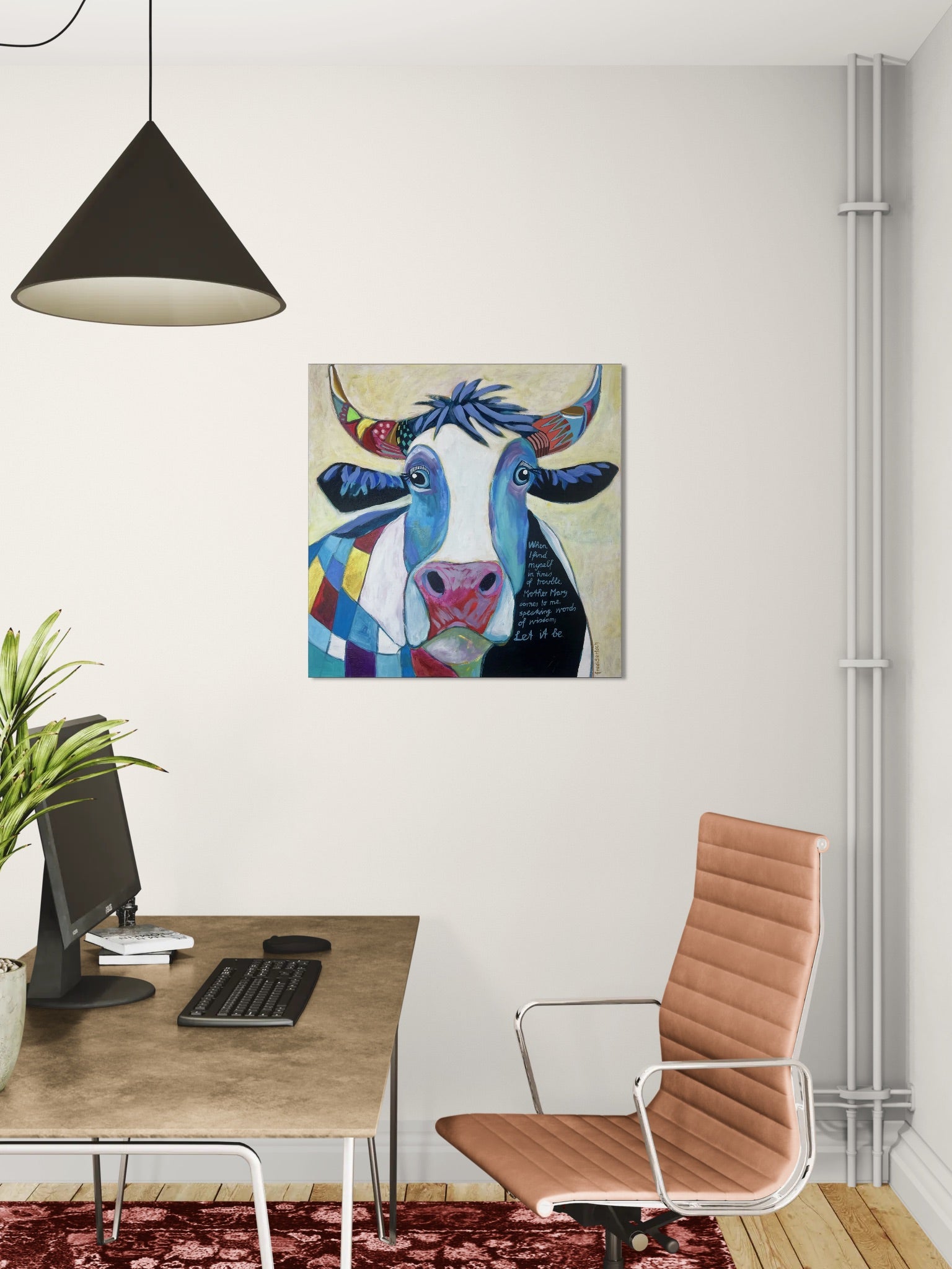 Pop Art Kuh 80x80cm Mother Mary Let it Be Beatles, bunte Kuh Patchwork Strubbelfrisur, Acryl Leinwand Original Fredi Gertsch, in modernem Büro