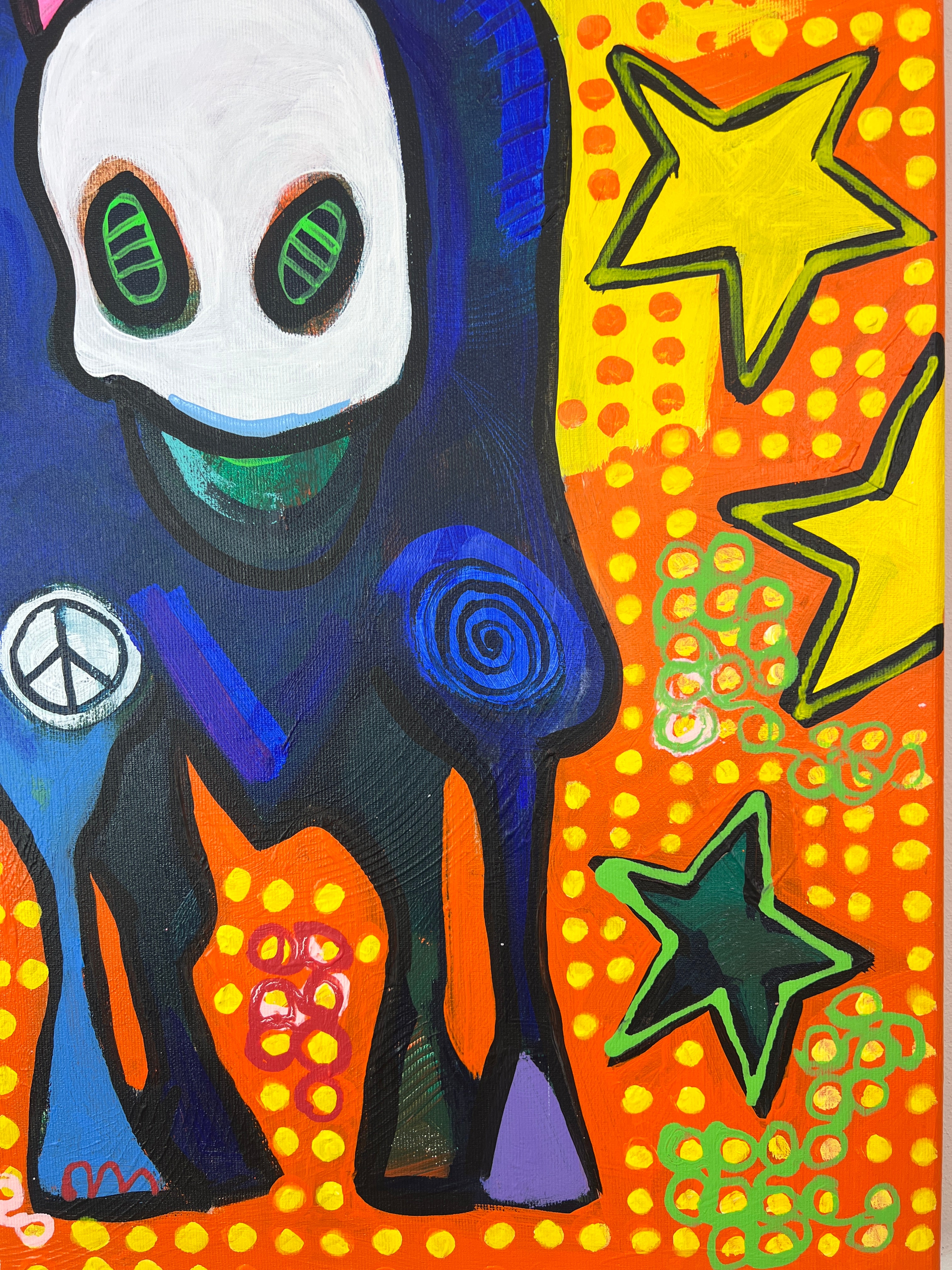 Pop Art Kühe 80x80cm Just Us Two Starlight, zwei bunte Kühe Sterne Herzen Krone Punktraster, Liebe Freundschaft, Acryl Leinwand Original Fredi Gertsch, Detailansicht Hintergrund