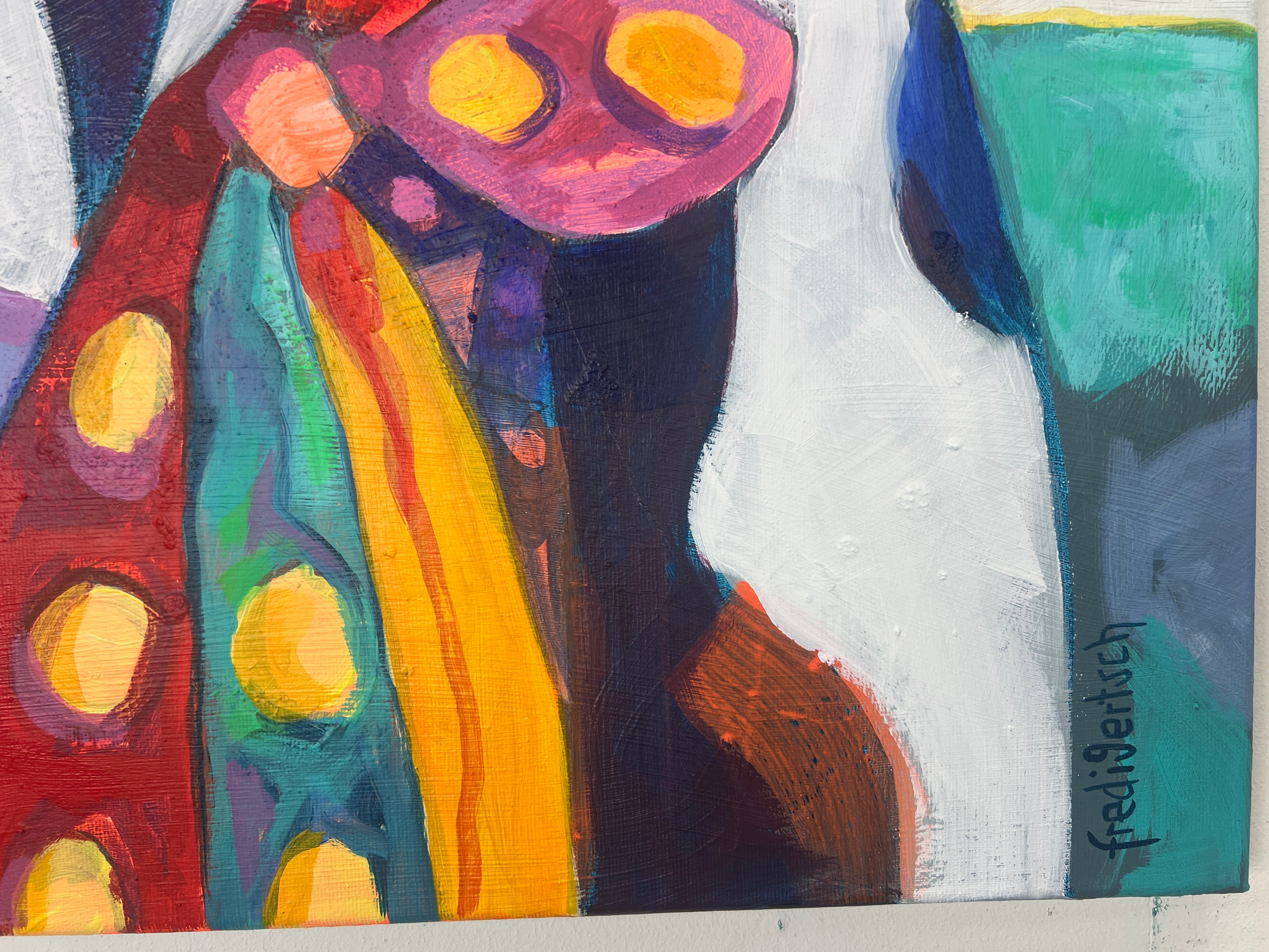 Pop Art Kuh 80x80cm Moody Blues, bunte Kuh Halstuch farbige Hörner Tropfen, Mooody Blues Serie, Acryl Leinwand Original Fredi Gertsch, Detailansicht Signatur und Halstuch