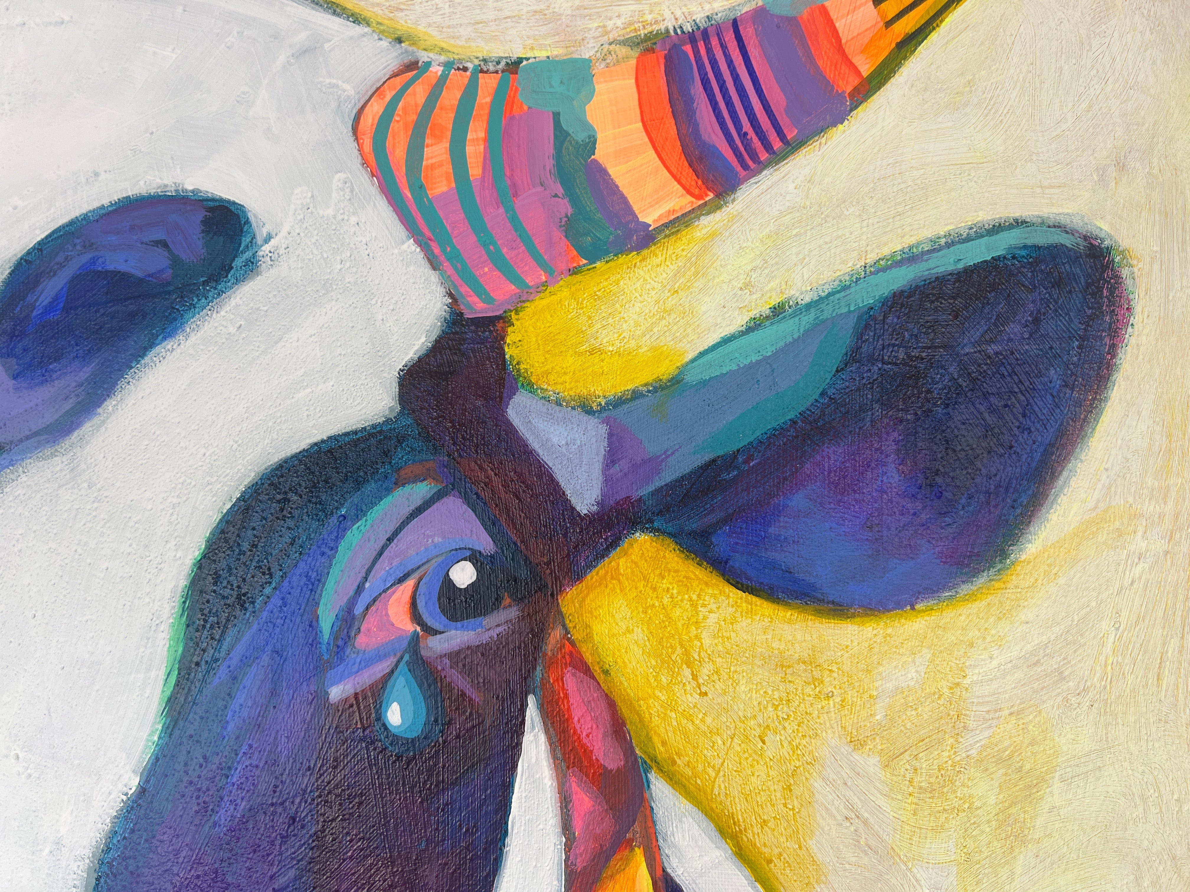 Pop Art Kuh 80x80cm Moody Blues, bunte Kuh Halstuch farbige Hörner Tropfen, Mooody Blues Serie, Acryl Leinwand Original Fredi Gertsch, Detailansicht Auge mit Träne