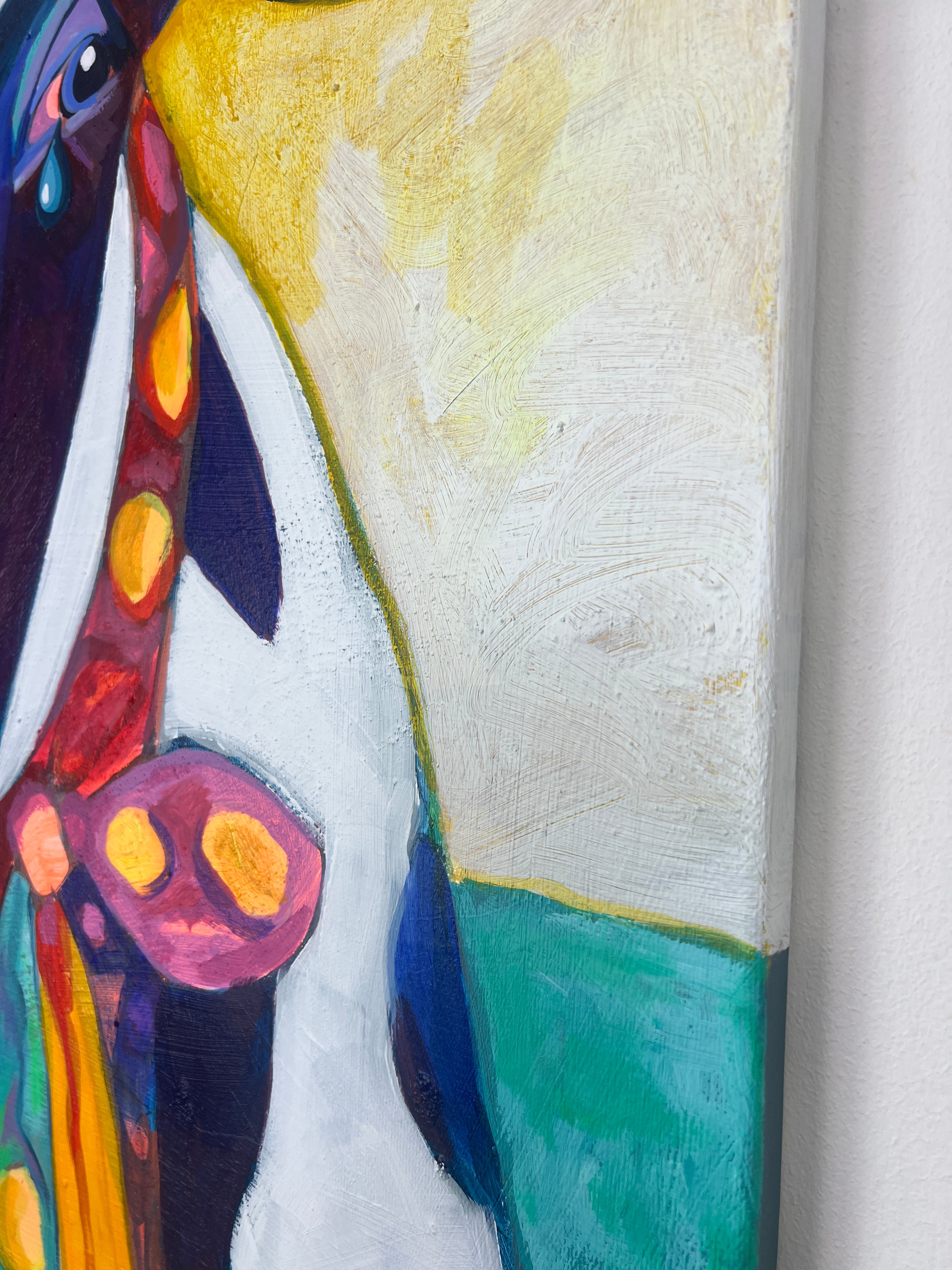 Pop Art Kuh 80x80cm Moody Blues, bunte Kuh Halstuch farbige Hörner Tropfen, Mooody Blues Serie, Acryl Leinwand Original Fredi Gertsch, Seitenansicht