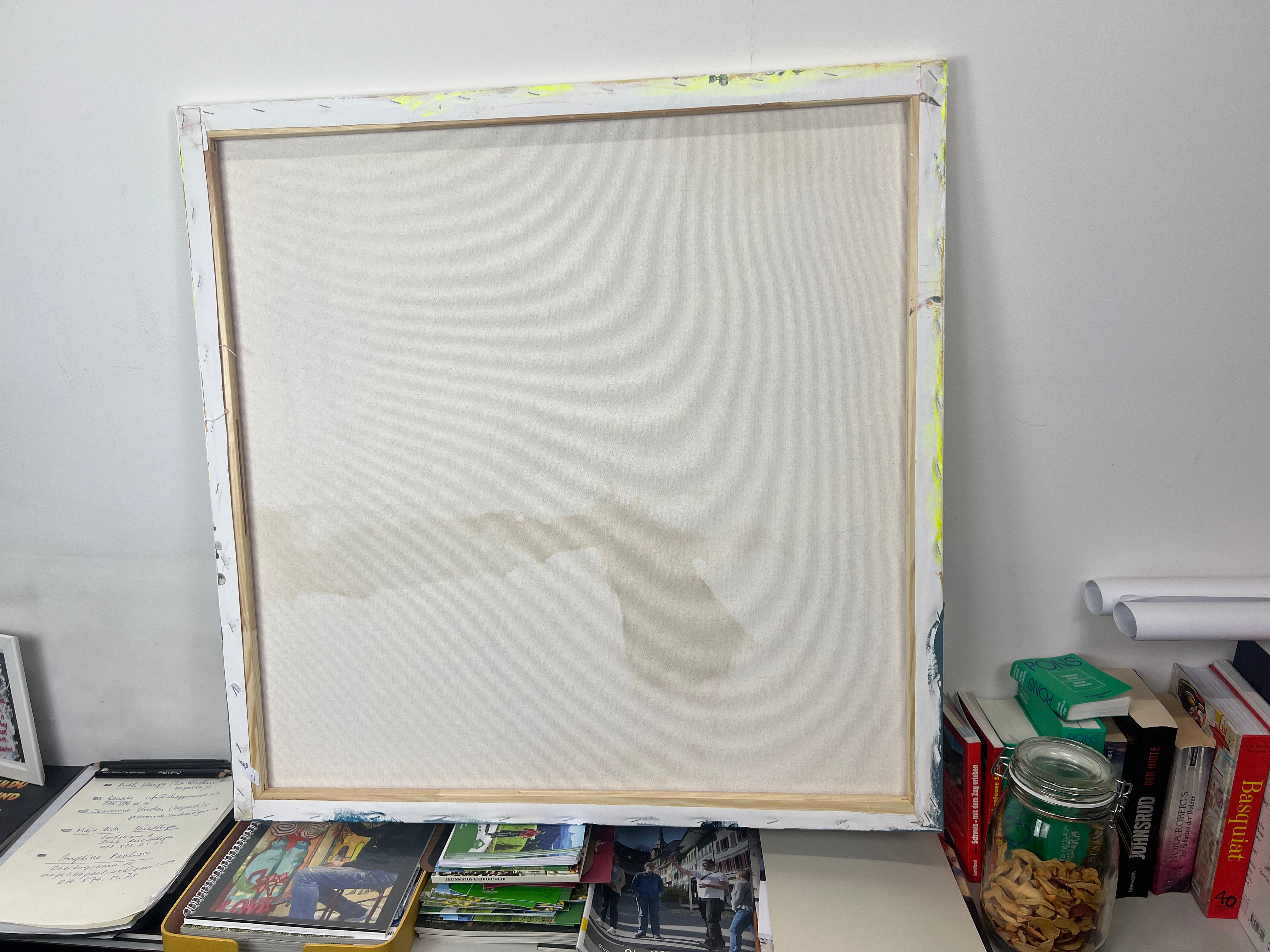 Pop Art Kuh 80x80cm Moody Blues, bunte Kuh Halstuch farbige Hörner Tropfen, Mooody Blues Serie, Acryl Leinwand Original Fredi Gertsch, Rückseite Leinwand