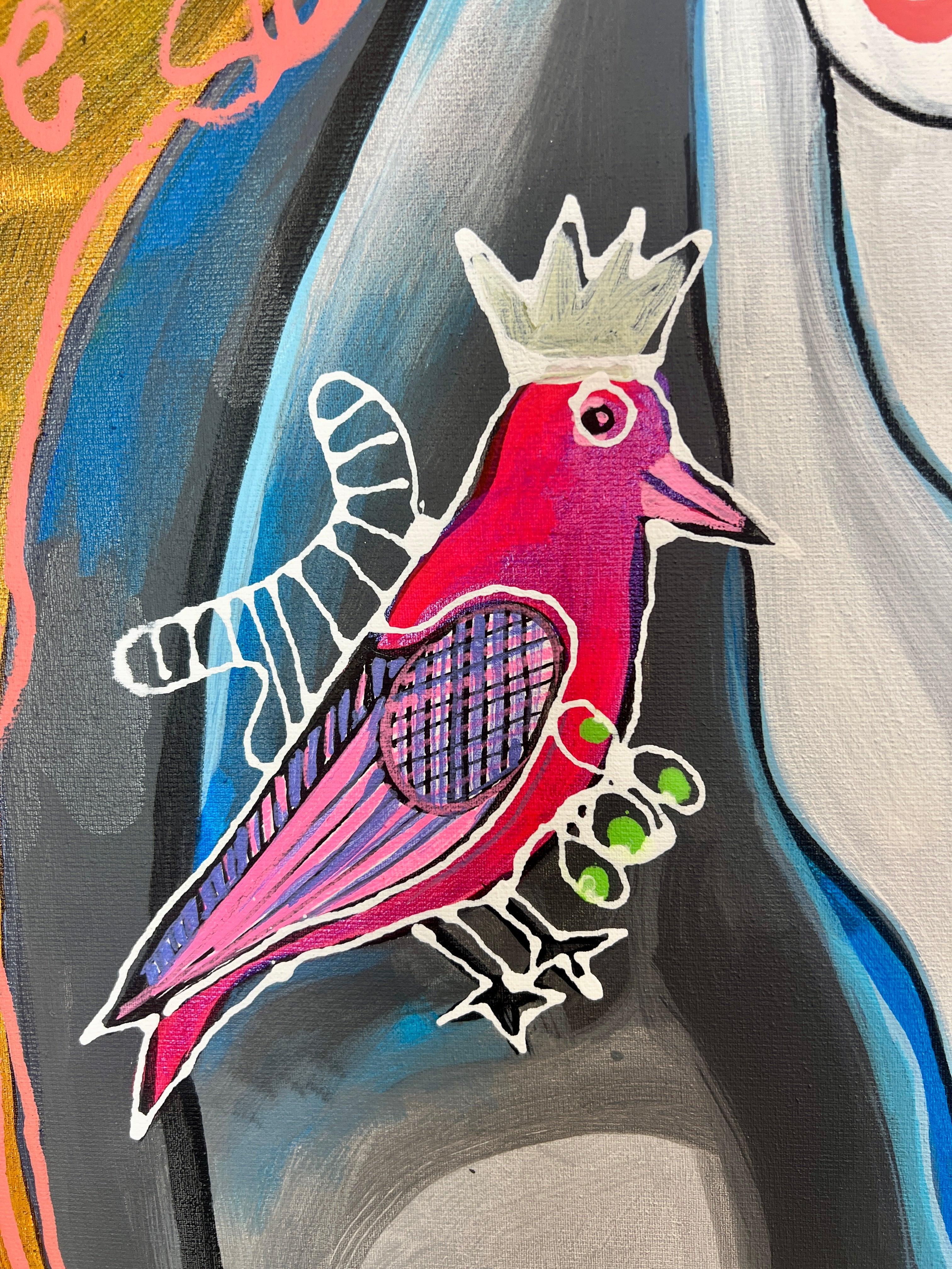 Pop Art Kuh 60x80cm Love is Love, schwarz-weisse Kuh zwei Vögel pink blau, LGBTQ+ Vielfalt, Acryl Leinwand Original Fredi Gertsch, Detailansicht Vogel