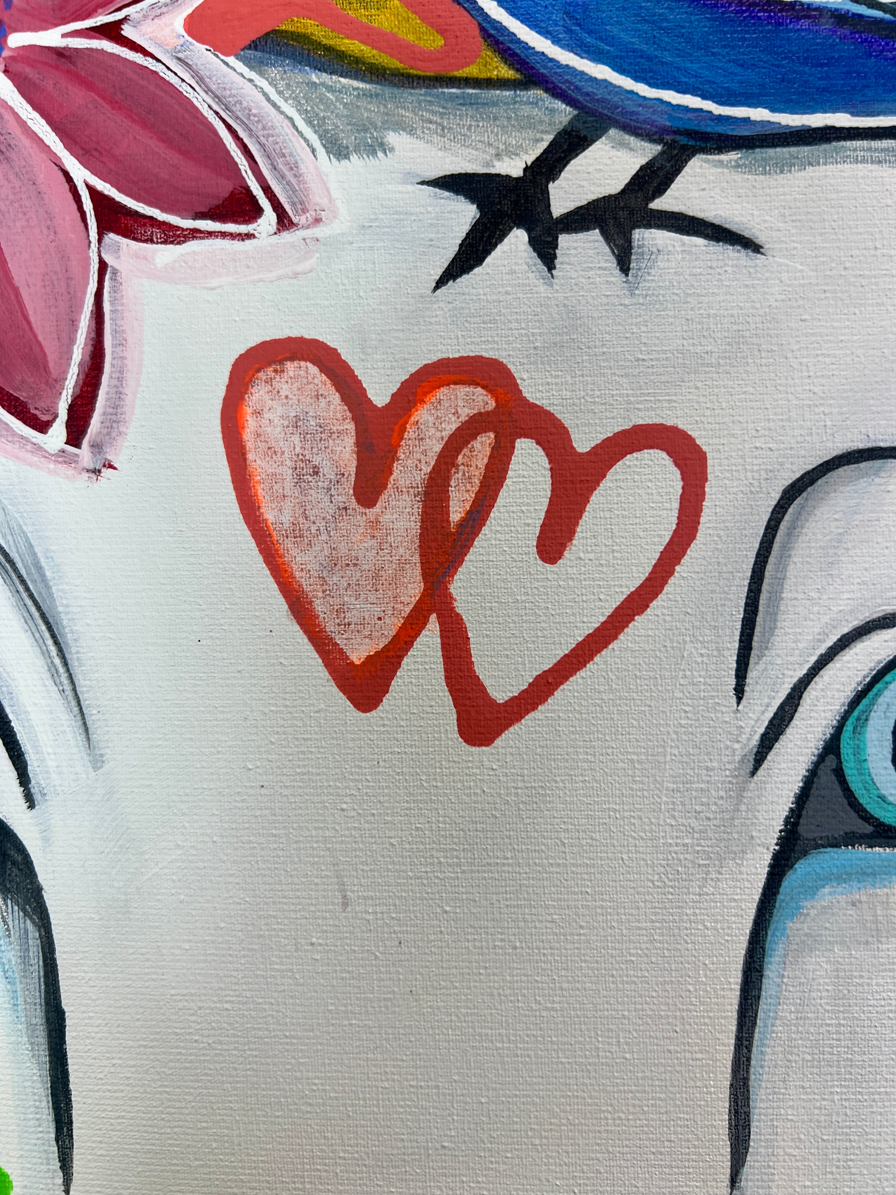 Pop Art Kuh 60x80cm Love is Love, schwarz-weisse Kuh zwei Vögel pink blau, LGBTQ+ Vielfalt, Acryl Leinwand Original Fredi Gertsch, Detailansicht Herzen