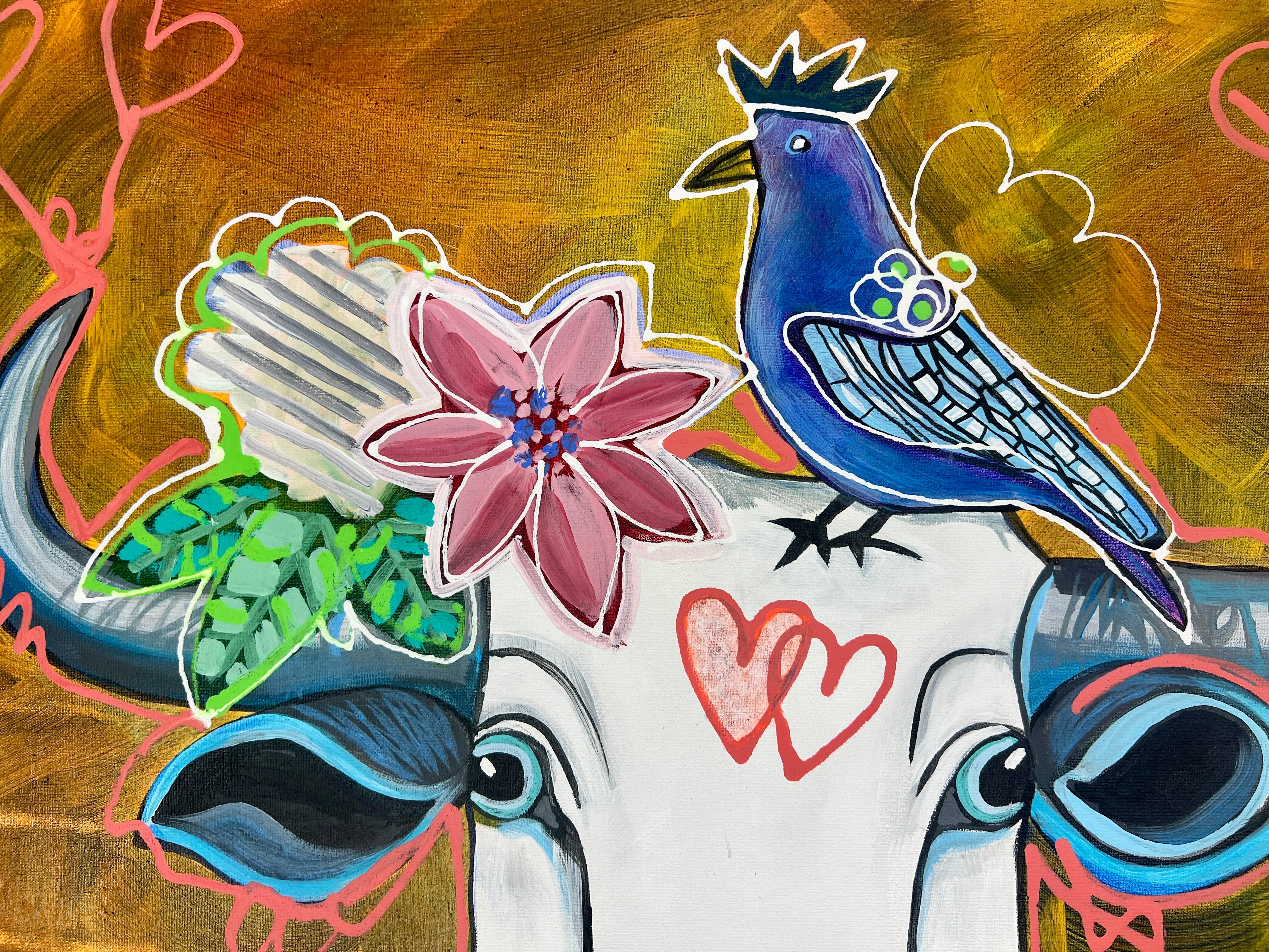 Pop Art Kuh 60x80cm Love is Love, schwarz-weisse Kuh zwei Vögel pink blau, LGBTQ+ Vielfalt, Acryl Leinwand Original Fredi Gertsch, Detailansicht Vogel mit Krone