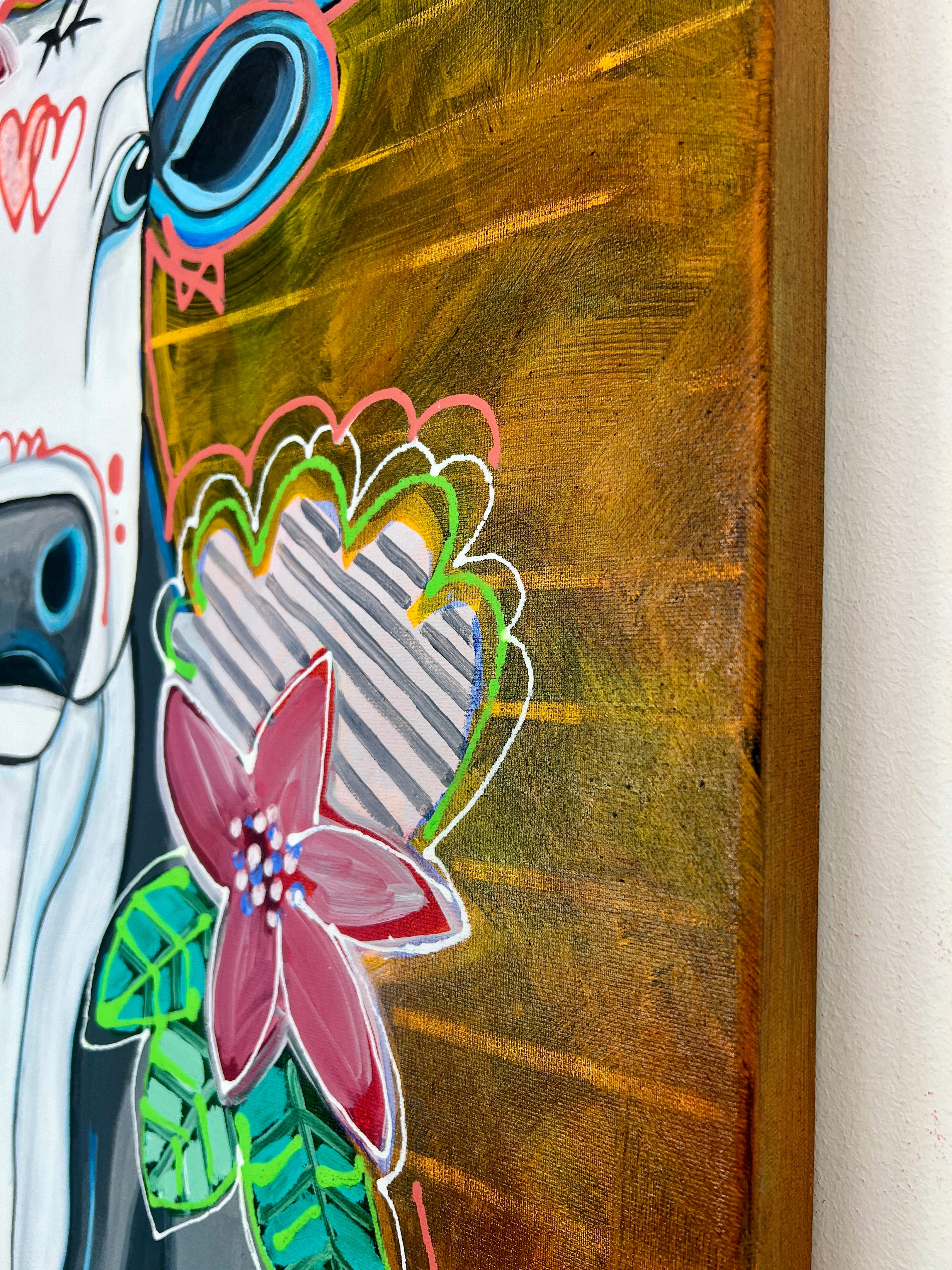 Pop Art Kuh 60x80cm Love is Love, schwarz-weisse Kuh zwei Vögel pink blau, LGBTQ+ Vielfalt, Acryl Leinwand Original Fredi Gertsch, Seitenansicht