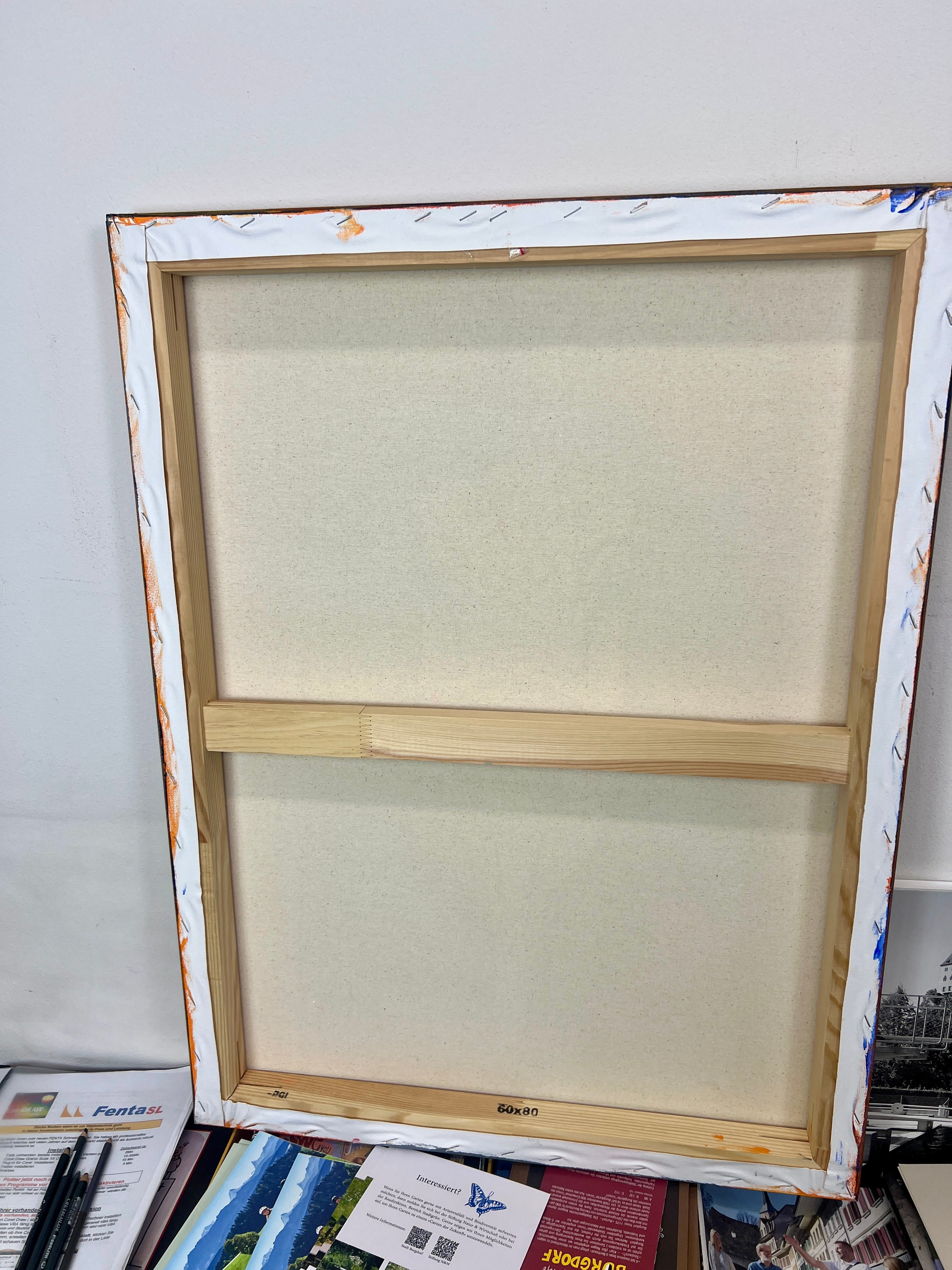 Pop Art Kuh 60x80cm Love is Love, schwarz-weisse Kuh zwei Vögel pink blau, LGBTQ+ Vielfalt, Acryl Leinwand Original Fredi Gertsch, Rückseite Leinwand