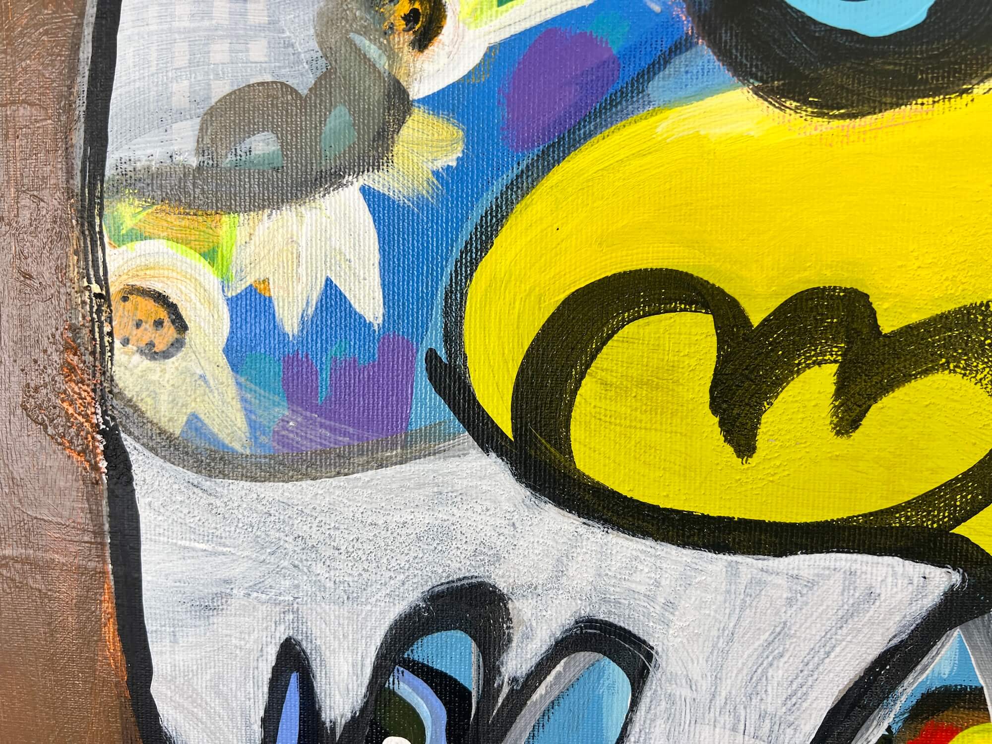 Pop Art Kühe 100x80cm Just Us Two Royal Connection, zwei Kühe Krone Batman Peace-Zeichen Herzen Pop-Symbole, Liebe Verbundenheit, Mixed Media Leinwand Original Fredi Gertsch, Detailansicht Struktur