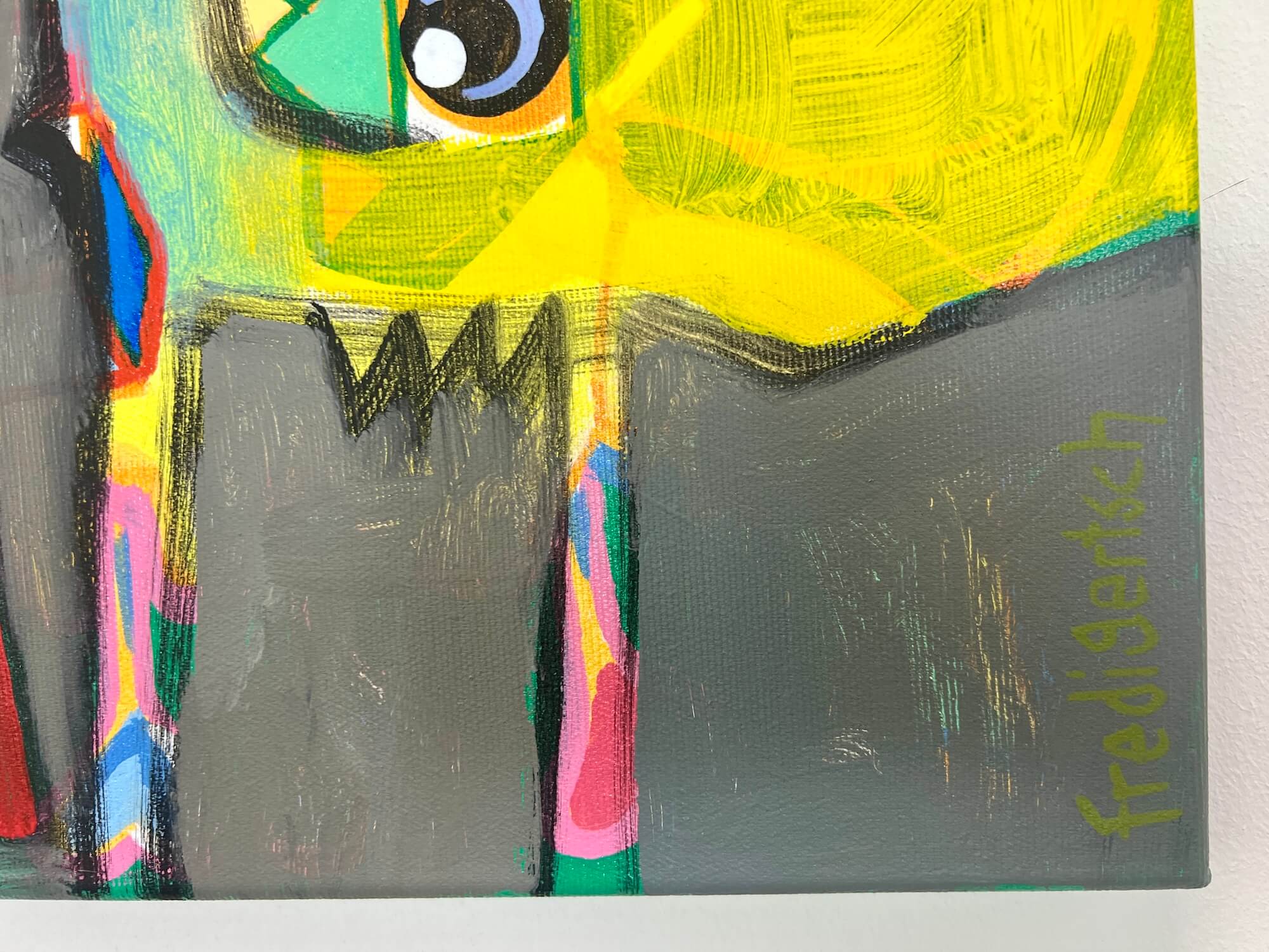 Pop Art Kühe 120x60cm Herde heimzu Sternennacht, fünf Kühe Sternenhimmel Krone Alpaufzug Zusammenhalt, durch Dick und Dünn Gemeinschaft, Acryl Leinwand Original Fredi Gertsch, Detailansicht Signatur