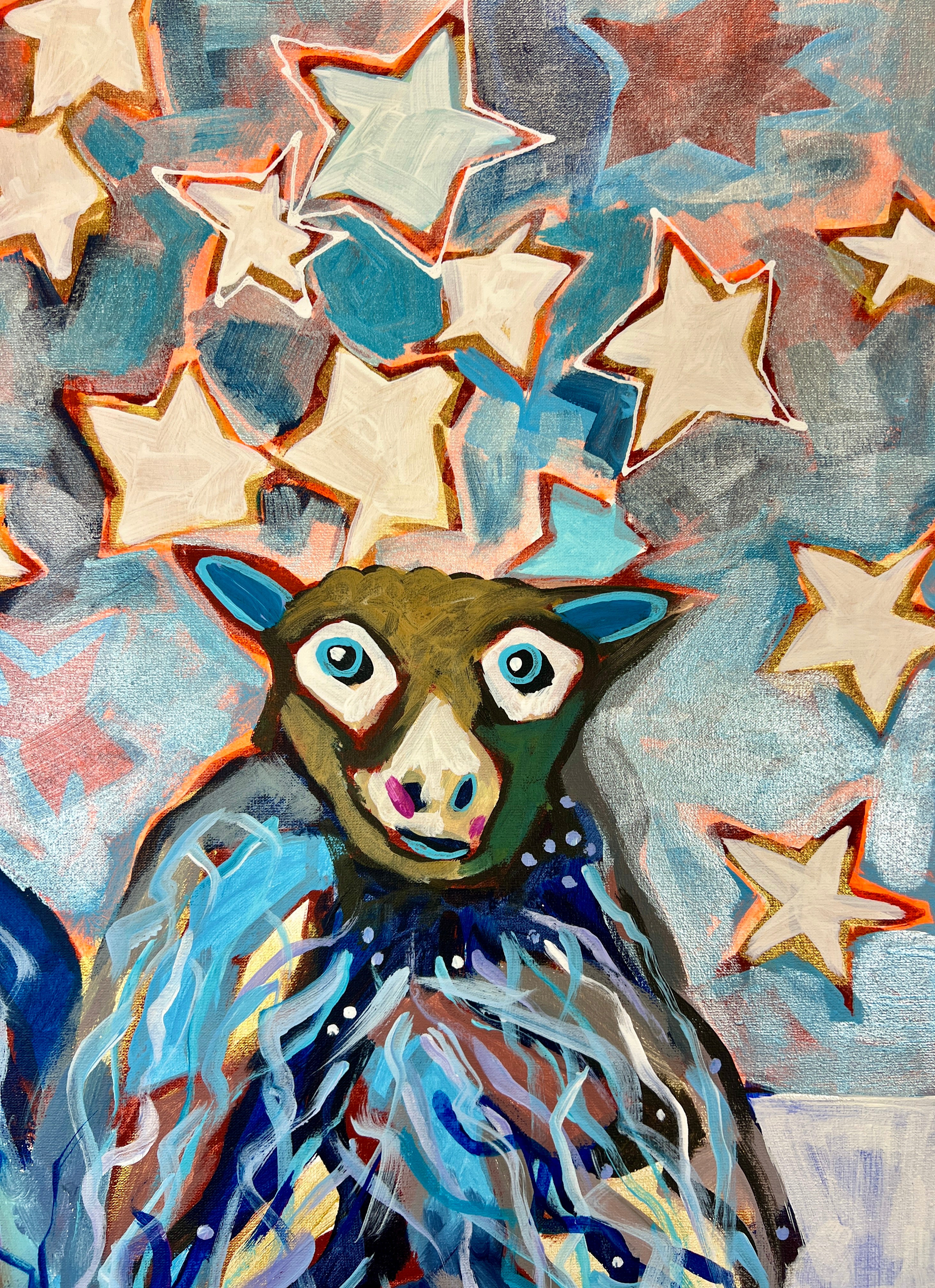 Pop Art 80x80cm Nights Of Hope blue, drei Schafe Sonnenbrille Thousand B Sternenhimmel Hoffnung Gemeinschaft Träume, Acryl Leinwand Original Fredi Gertsch, Detailansicht Schaf rechts