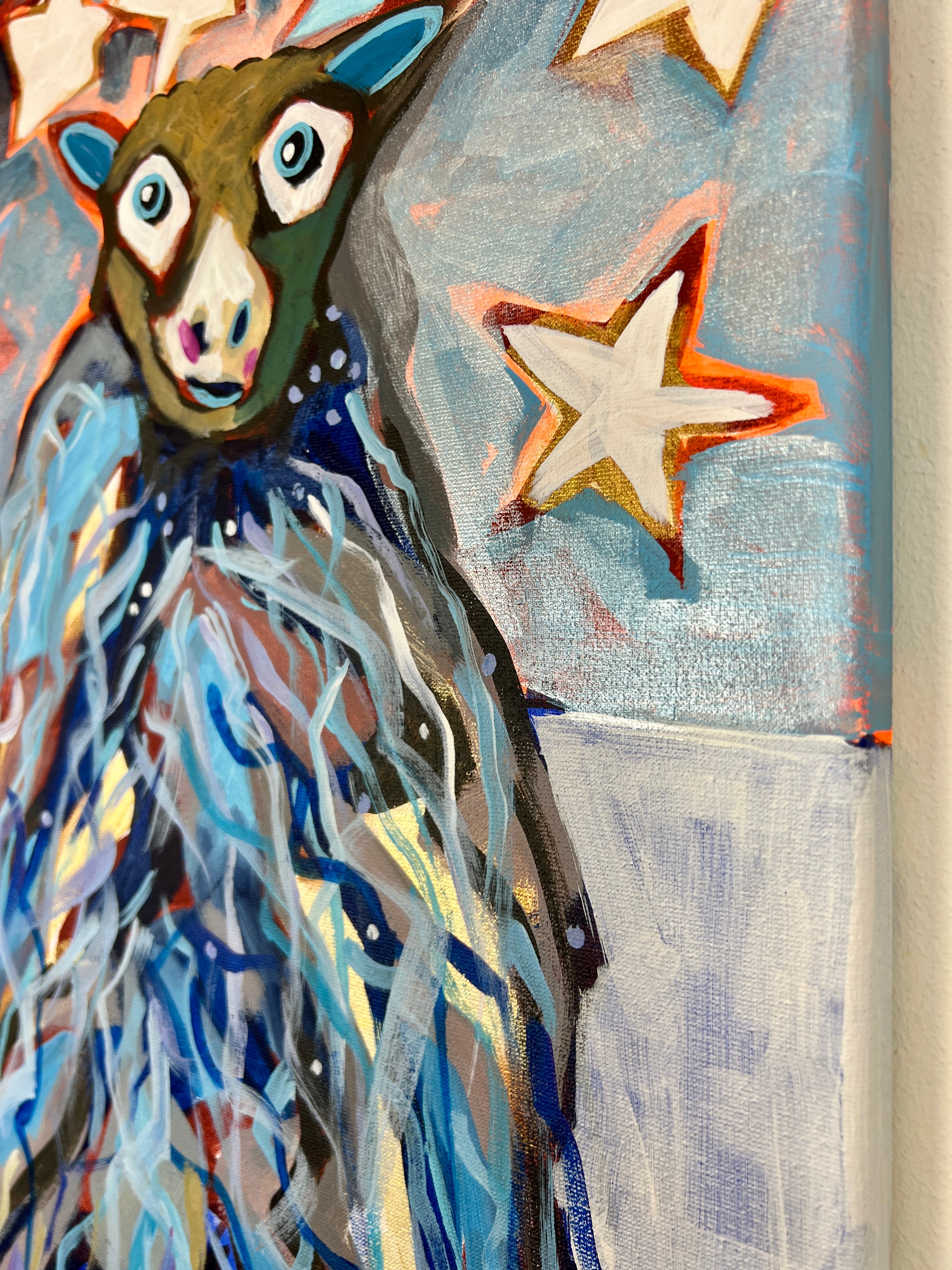 Pop Art 80x80cm Nights Of Hope blue, drei Schafe Sonnenbrille Thousand B Sternenhimmel Hoffnung Gemeinschaft Träume, Acryl Leinwand Original Fredi Gertsch, Seitenansicht