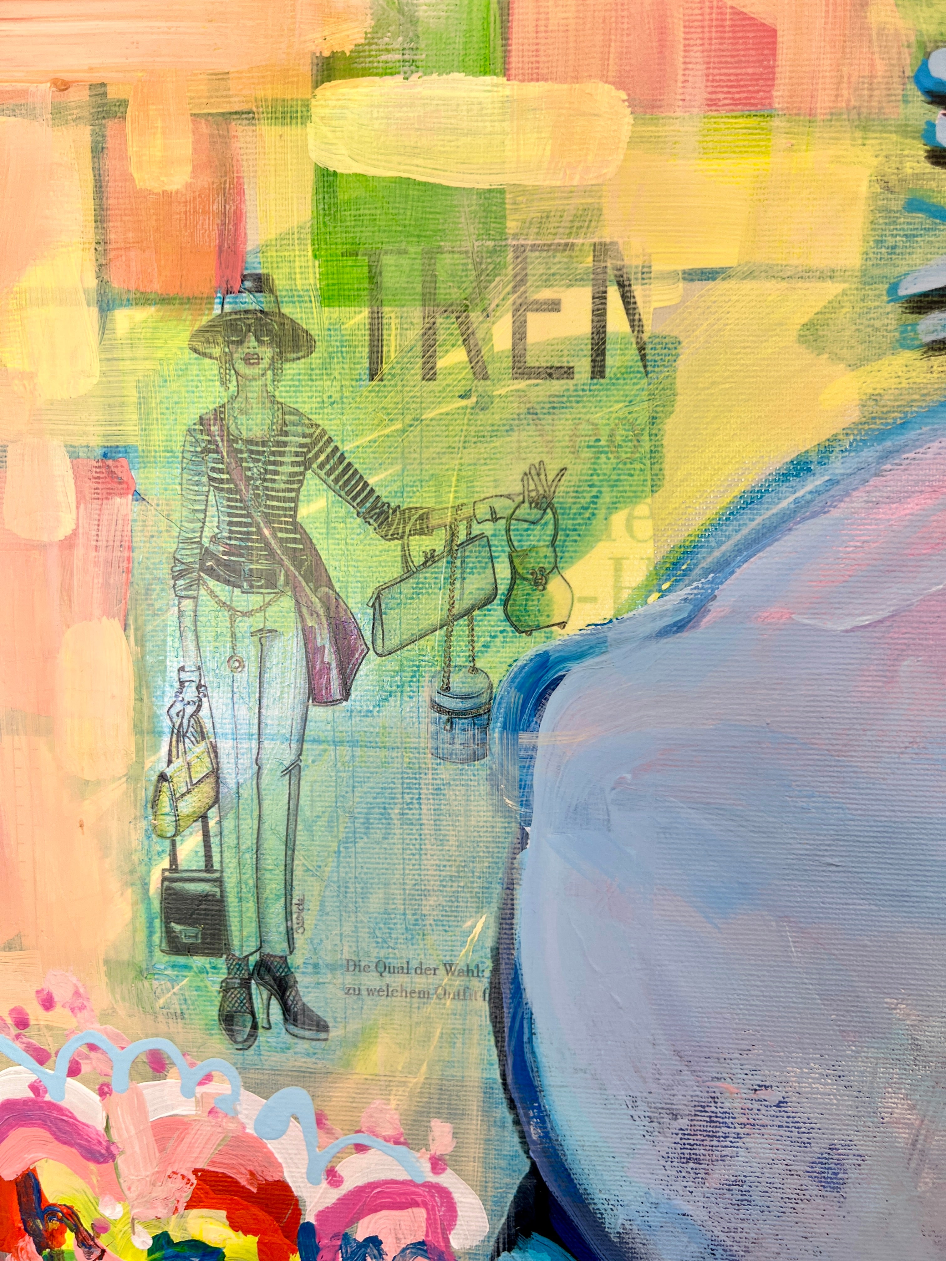 Pop Art 80x100cm Flower Power Baby, blaue Baby-Kuh Peace-Zeichen Basquiat-Krone bunte Blumen Hippie 60er 70er Frieden Liebe, Acryl Collage Leinwand Original Fredi Gertsch, Detailansicht Collage