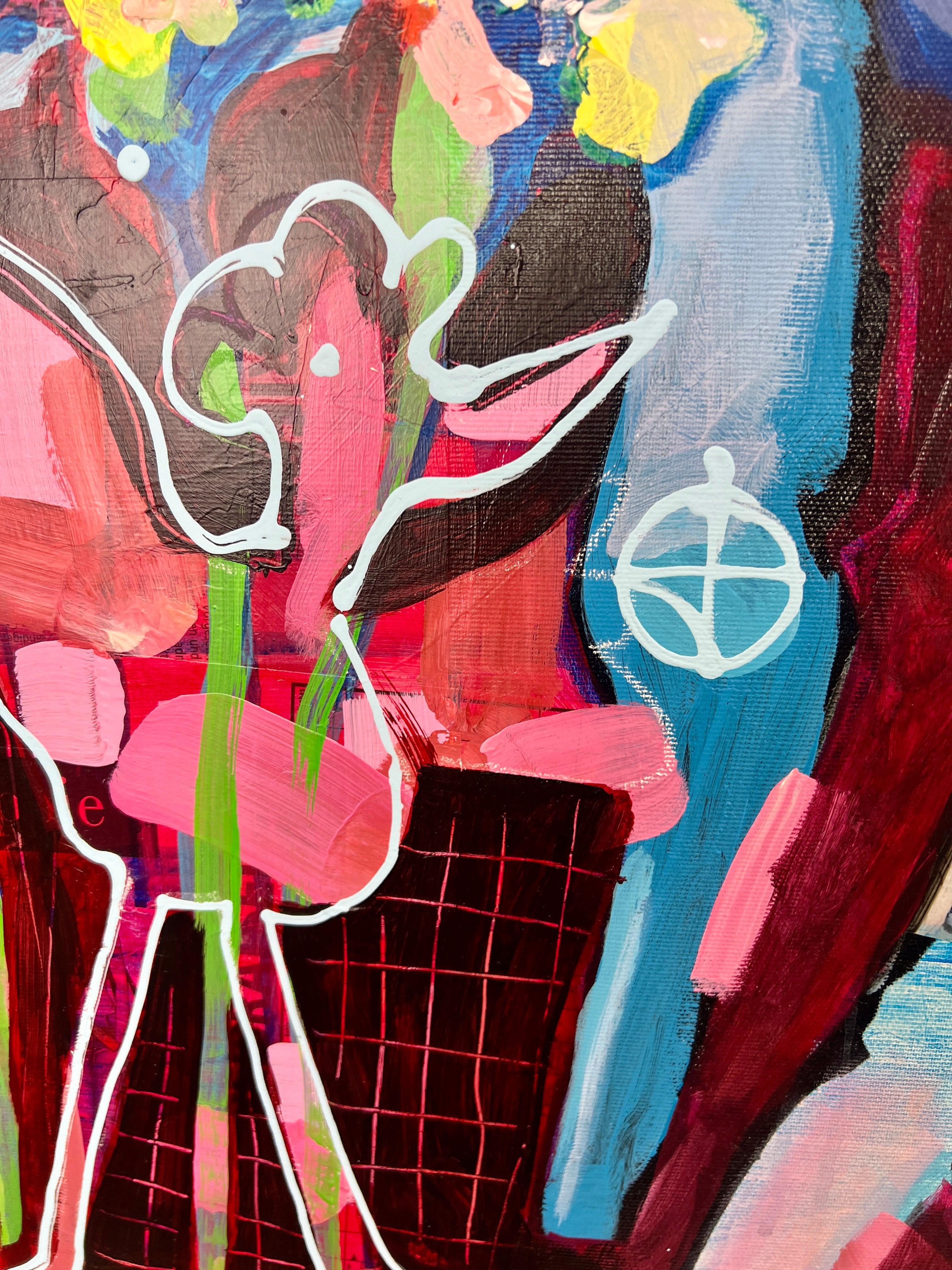 Pop Art 80x100cm Flower Power Baby, blaue Baby-Kuh Peace-Zeichen Basquiat-Krone bunte Blumen Hippie 60er 70er Frieden Liebe, Acryl Collage Leinwand Original Fredi Gertsch, Detailansicht Huhn