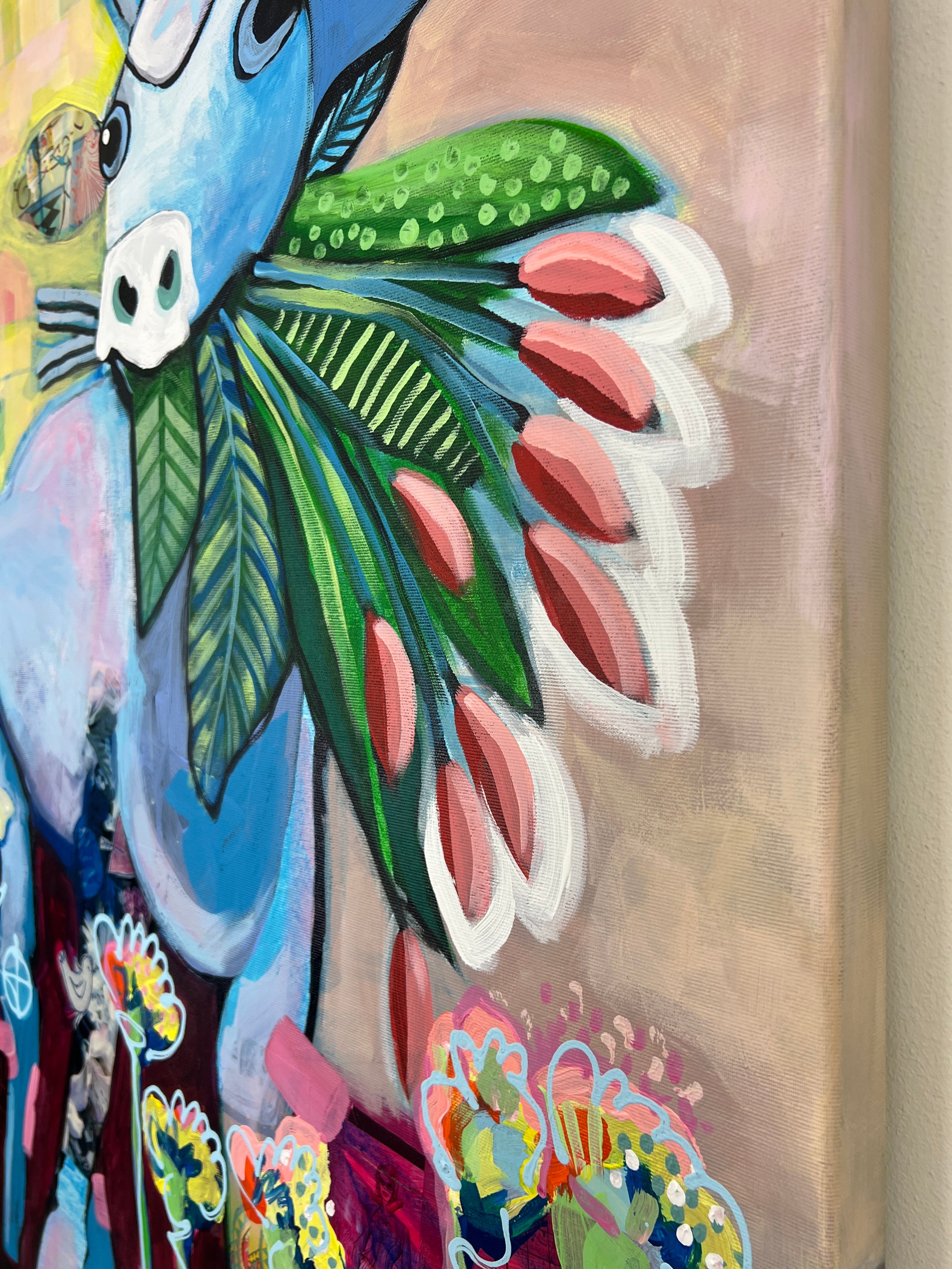 Pop Art 80x100cm Flower Power Baby, blaue Baby-Kuh Peace-Zeichen Basquiat-Krone bunte Blumen Hippie 60er 70er Frieden Liebe, Acryl Collage Leinwand Original Fredi Gertsch, Seitenansicht