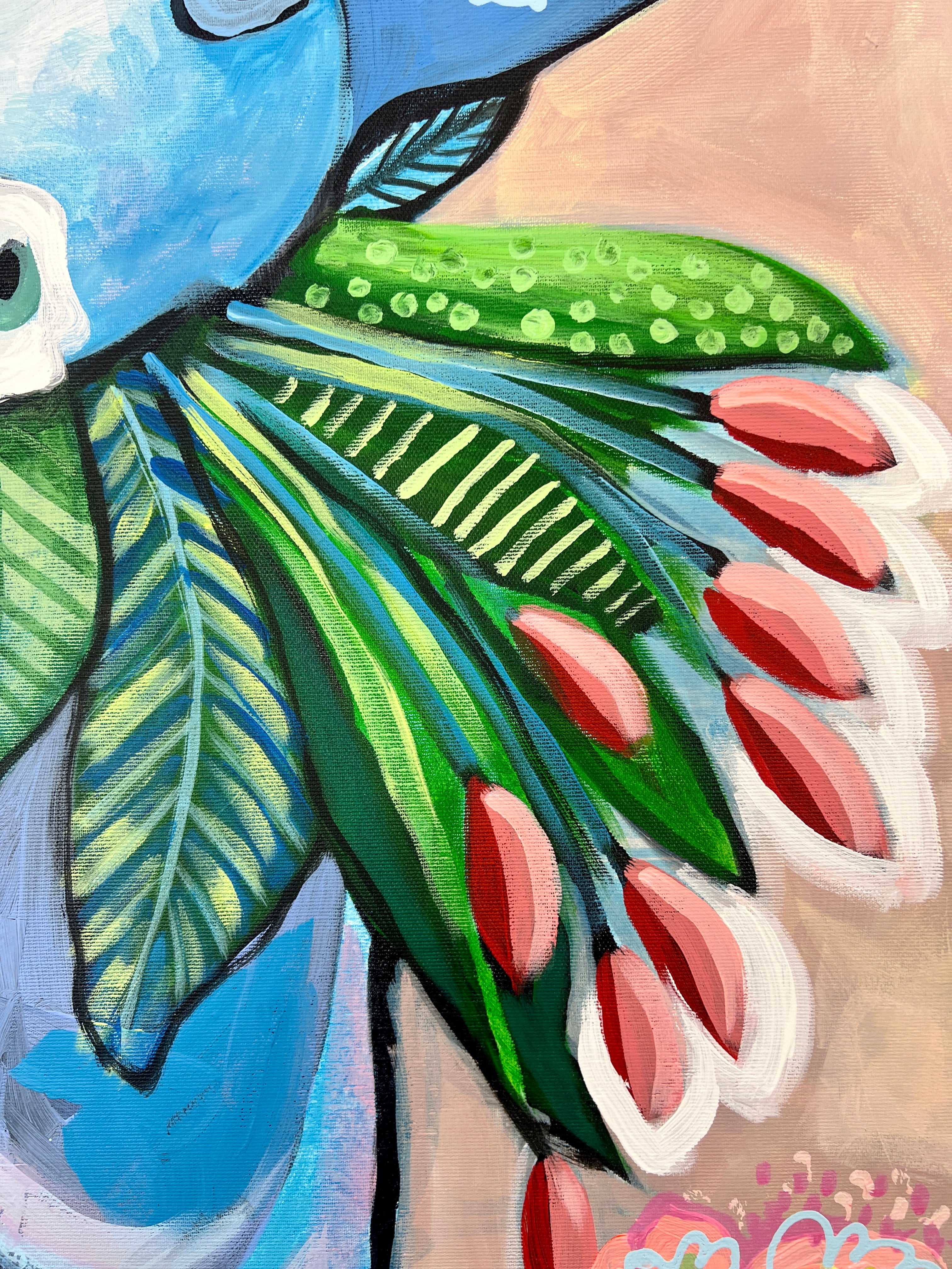 Pop Art 80x100cm Flower Power Baby, blaue Baby-Kuh Peace-Zeichen Basquiat-Krone bunte Blumen Hippie 60er 70er Frieden Liebe, Acryl Collage Leinwand Original Fredi Gertsch, Detailansicht Blumen