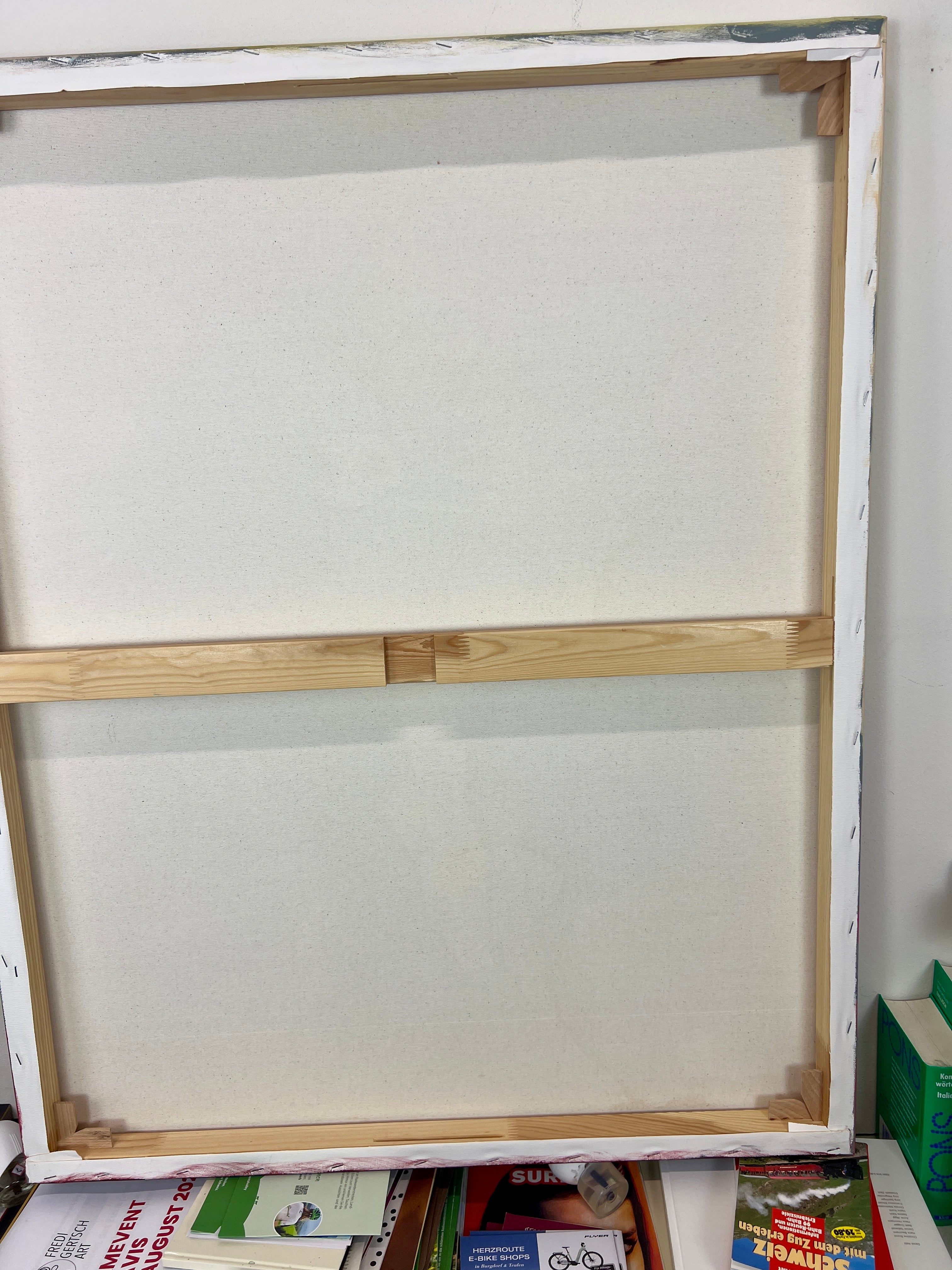 Pop Art 80x100cm Flower Power Baby, blaue Baby-Kuh Peace-Zeichen Basquiat-Krone bunte Blumen Hippie 60er 70er Frieden Liebe, Acryl Collage Leinwand Original Fredi Gertsch, Rückseite Leinwand