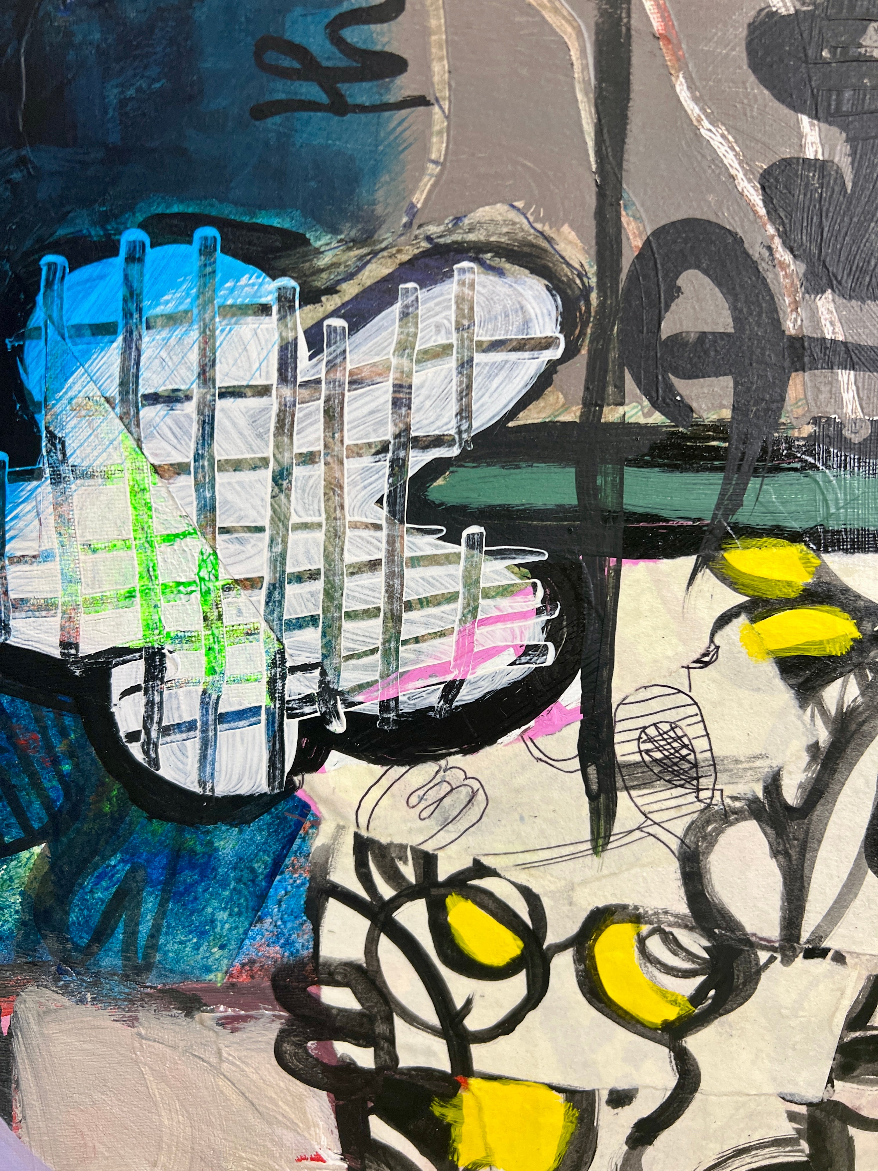 Pop Art 50x70cm VogelLisi Flügeltraum, fröhliche Kuh bunte gestreifte Hörner Collage Fantasie Leichtigkeit Humor, VogelLisi Serie, Acryl Collage Leinwand Original Fredi Gertsch, Detailansicht