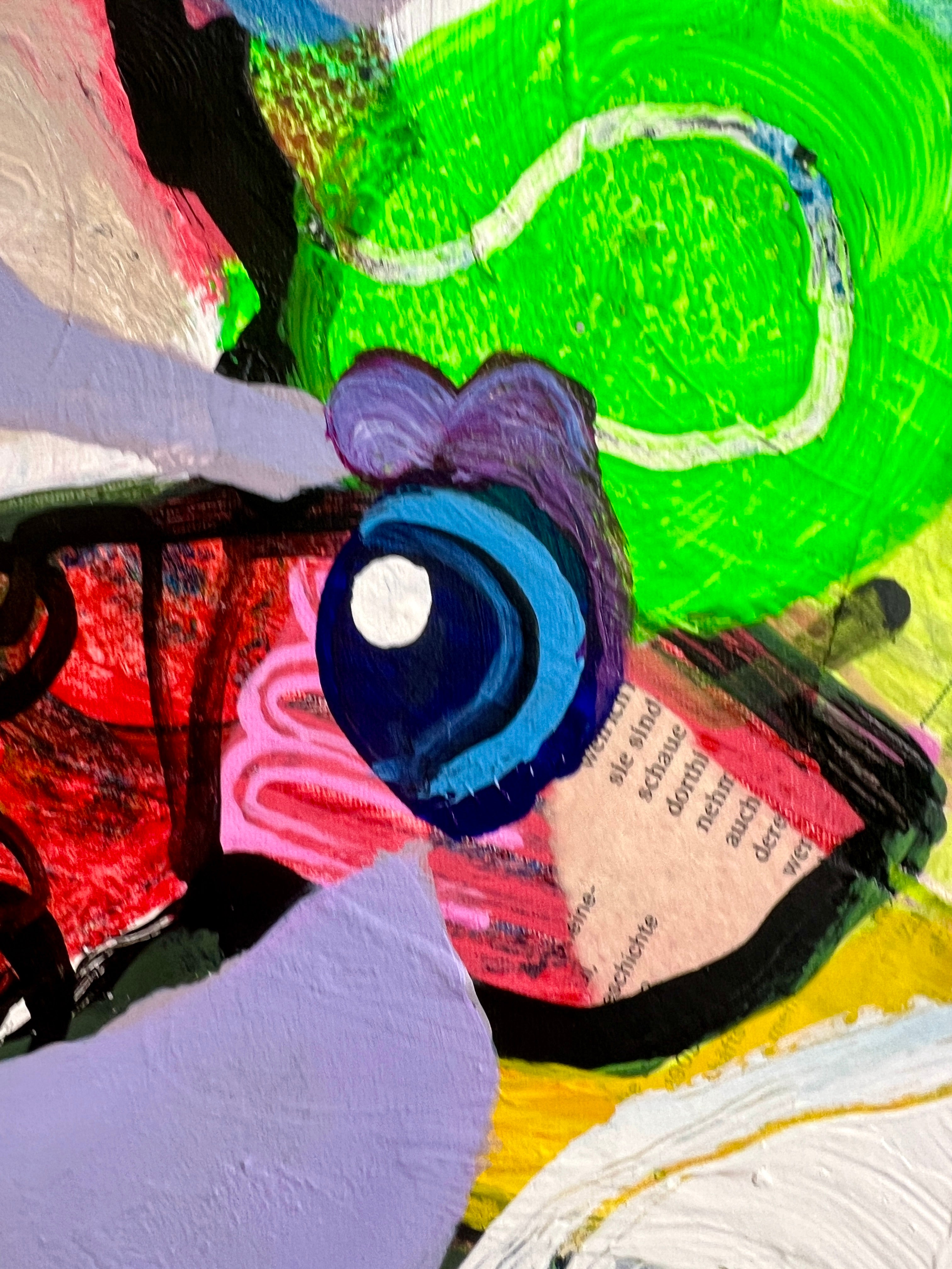 Pop Art 50x70cm VogelLisi Flügeltraum, fröhliche Kuh bunte gestreifte Hörner Collage Fantasie Leichtigkeit Humor, VogelLisi Serie, Acryl Collage Leinwand Original Fredi Gertsch, Detailansicht