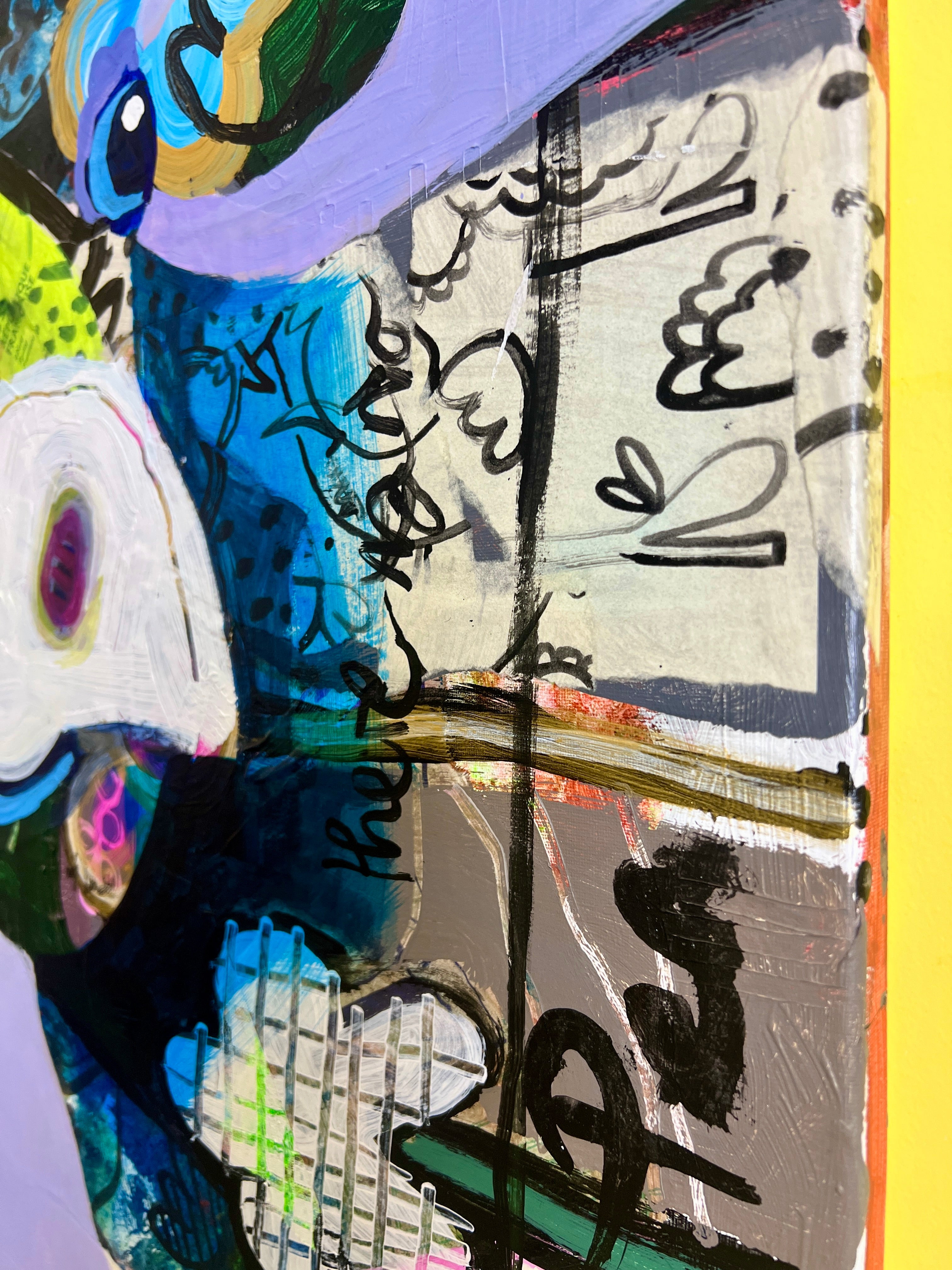 Pop Art 50x70cm VogelLisi Flügeltraum, fröhliche Kuh bunte gestreifte Hörner Collage Fantasie Leichtigkeit Humor, VogelLisi Serie, Acryl Collage Leinwand Original Fredi Gertsch, Seitenansicht