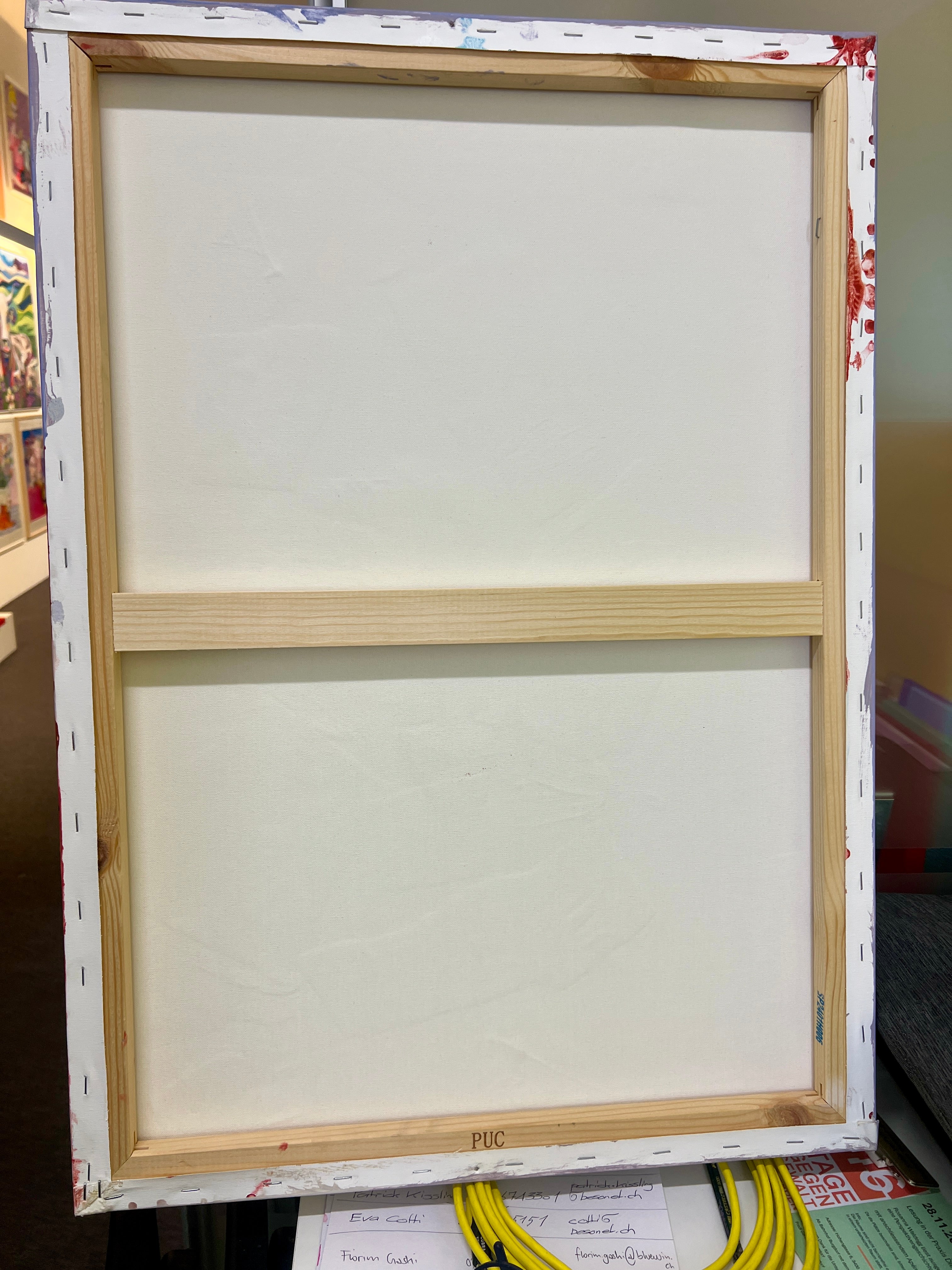 Pop Art 50x70cm VogelLisi Sternenzauber, fröhliche Kuh Vogel Stern rosa Hintergrund Collage Magie Träume Humor, VogelLisi Serie, Acryl Collage Leinwand Original Fredi Gertsch, Rückseite