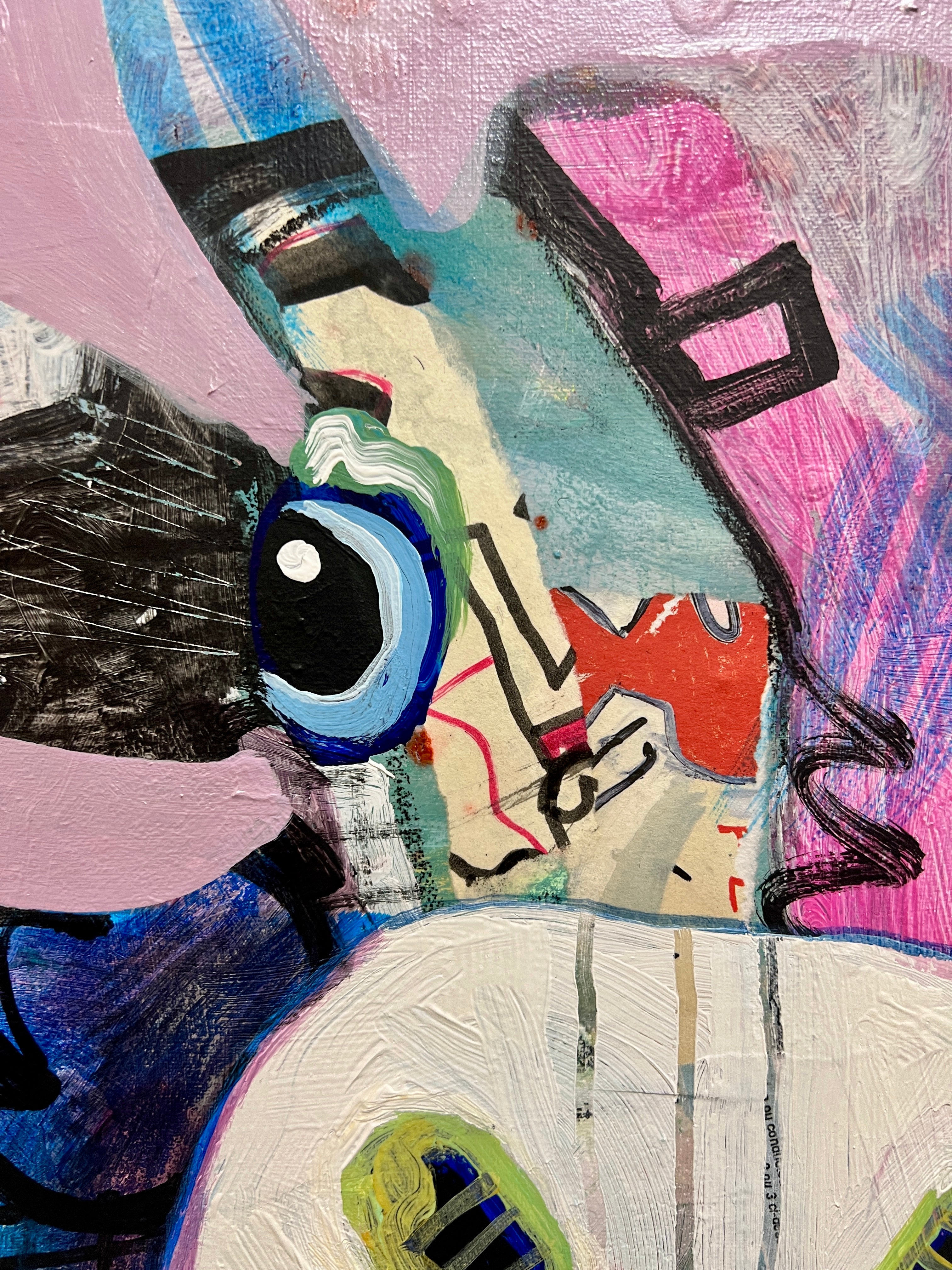 Pop Art 50x70cm VogelLisi Bärenstark, fröhliche Kuh bunte Hörner Bär Krone Collage Mut Stärke Humor, VogelLisi Serie, Acryl Collage Leinwand Original Fredi Gertsch, Detailansicht