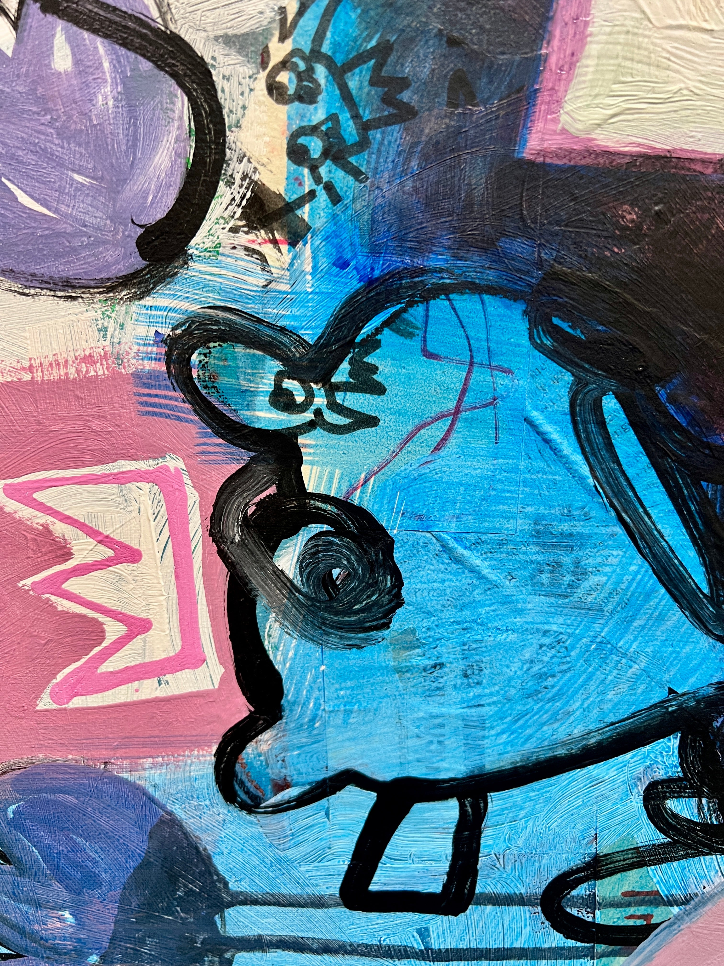 Pop Art 50x70cm VogelLisi Bärenstark, fröhliche Kuh bunte Hörner Bär Krone Collage Mut Stärke Humor, VogelLisi Serie, Acryl Collage Leinwand Original Fredi Gertsch, Detailansicht