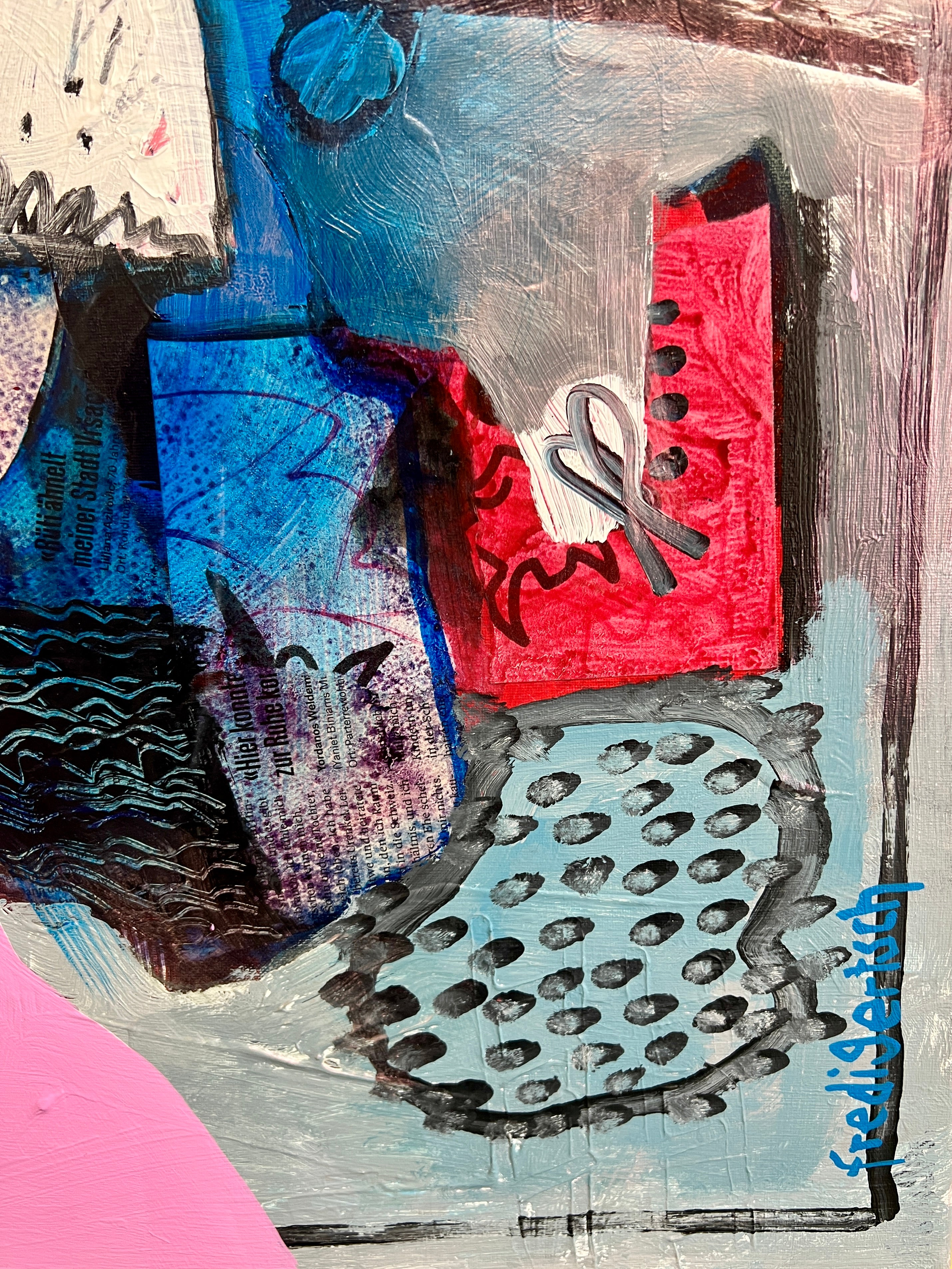 Pop Art 50x70cm VogelLisi Sternenzauber, fröhliche Kuh Vogel Stern rosa Hintergrund Collage Magie Träume Humor, VogelLisi Serie, Acryl Collage Leinwand Original Fredi Gertsch, Signatur