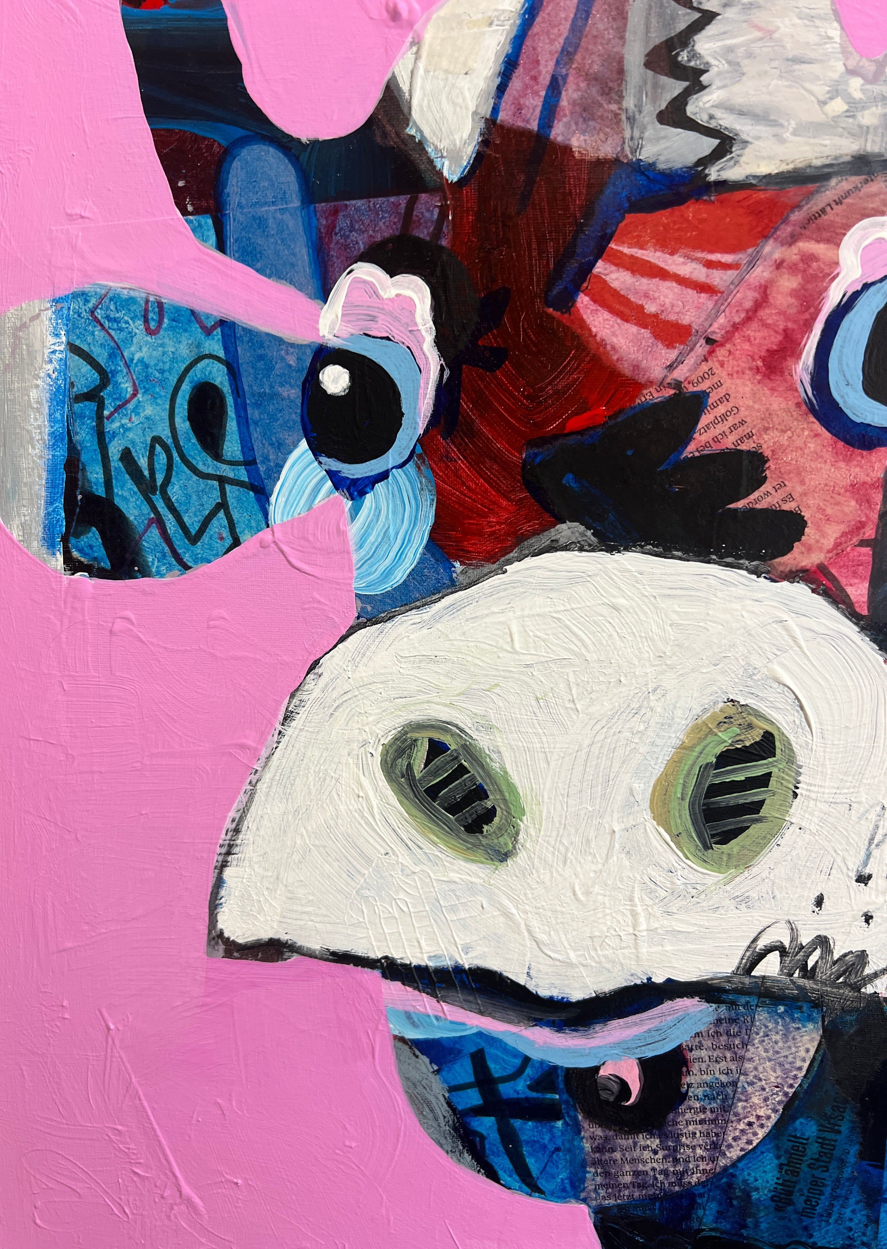 Pop Art 50x70cm VogelLisi Sternenzauber, fröhliche Kuh Vogel Stern rosa Hintergrund Collage Magie Träume Humor, VogelLisi Serie, Acryl Collage Leinwand Original Fredi Gertsch, Detailansicht