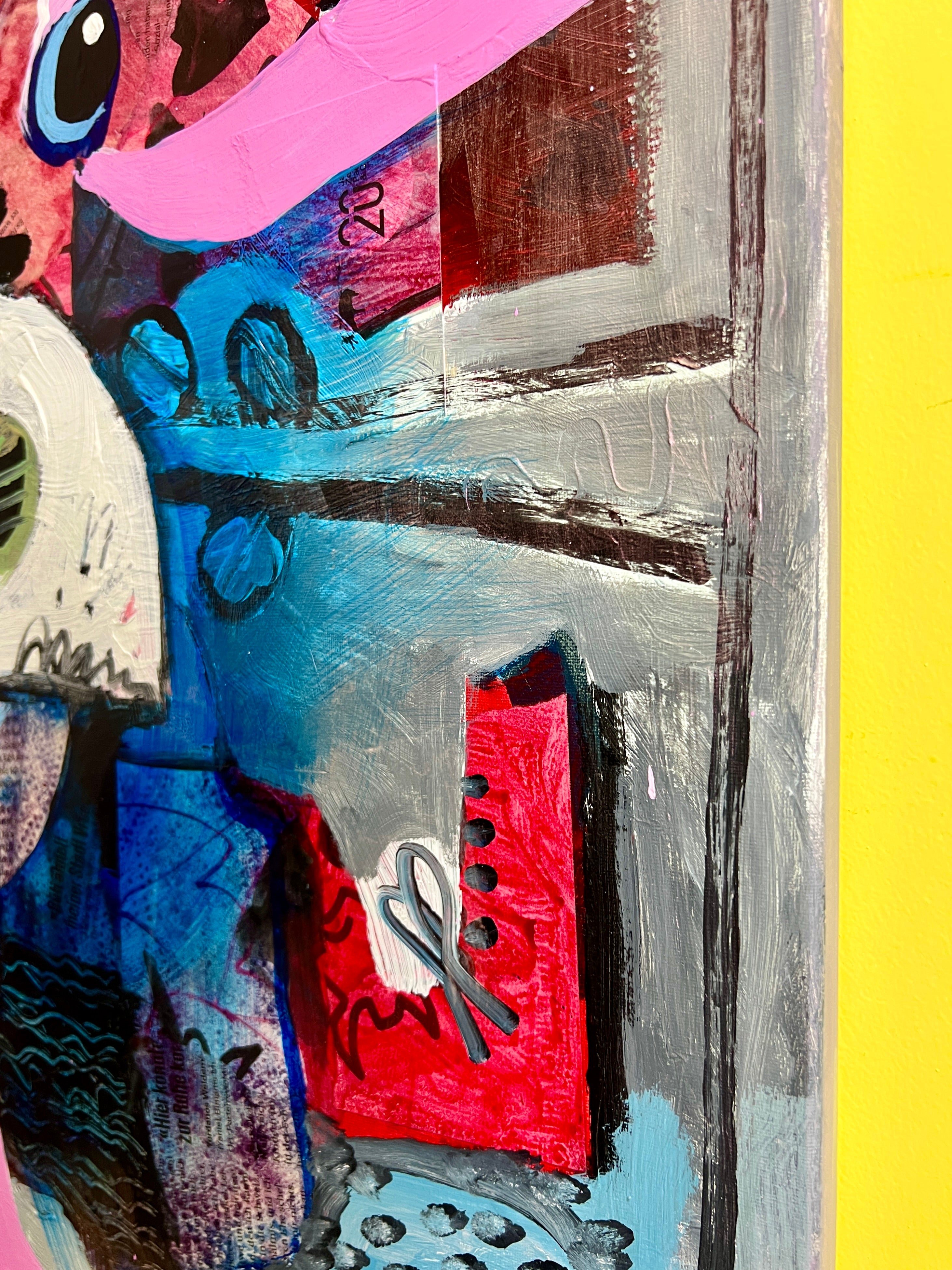 Pop Art 50x70cm VogelLisi Sternenzauber, fröhliche Kuh Vogel Stern rosa Hintergrund Collage Magie Träume Humor, VogelLisi Serie, Acryl Collage Leinwand Original Fredi Gertsch, Seitenansicht