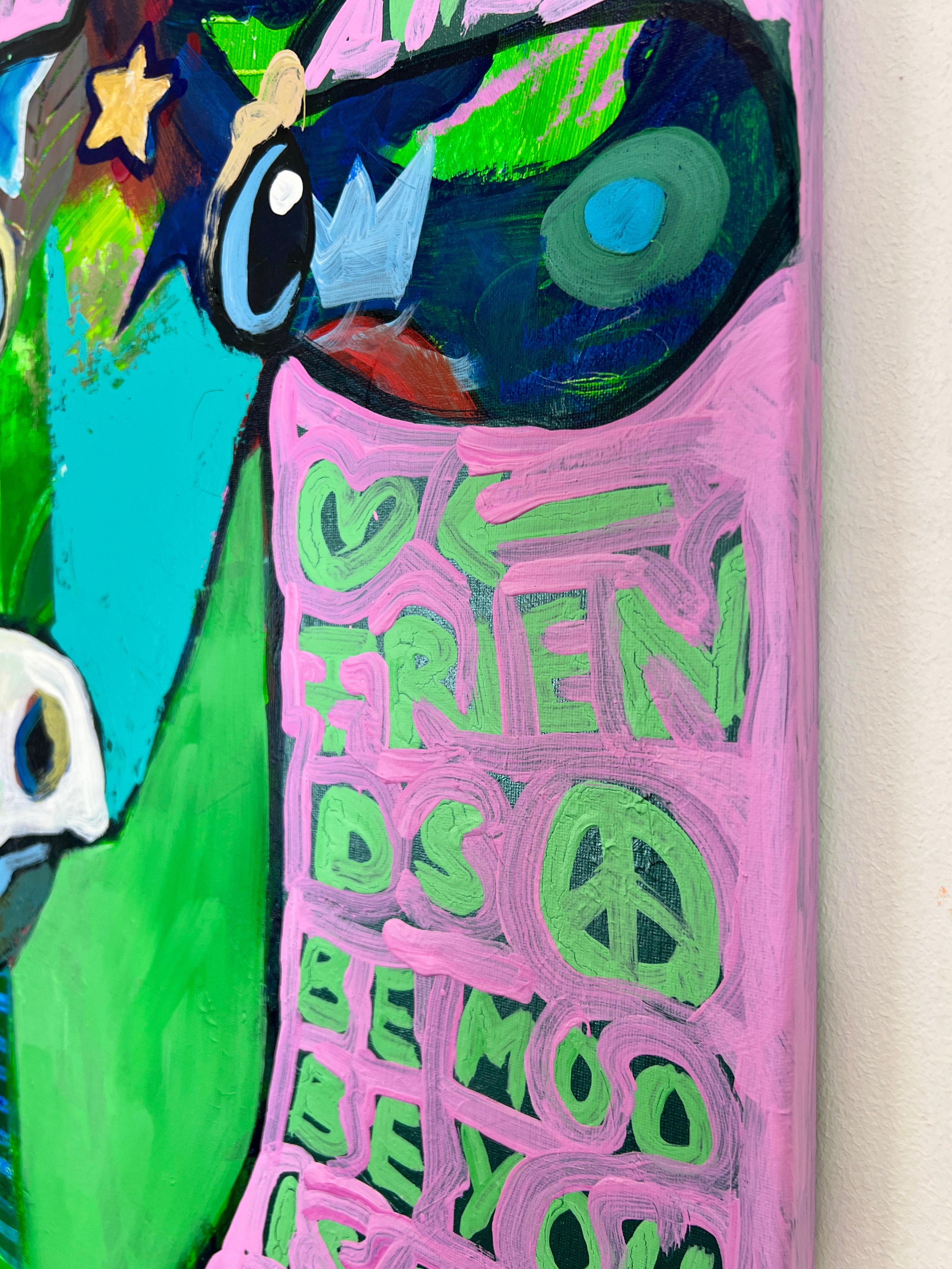 Pop Art 100x80cm Just Us Two Be You, zwei fröhliche Kühe Sterne Peace-Zeichen positive Botschaften Selbstakzeptanz Diversität Mut, Just Us Two Serie, Acryl Leinwand Original Fredi Gertsch, Seitenansicht