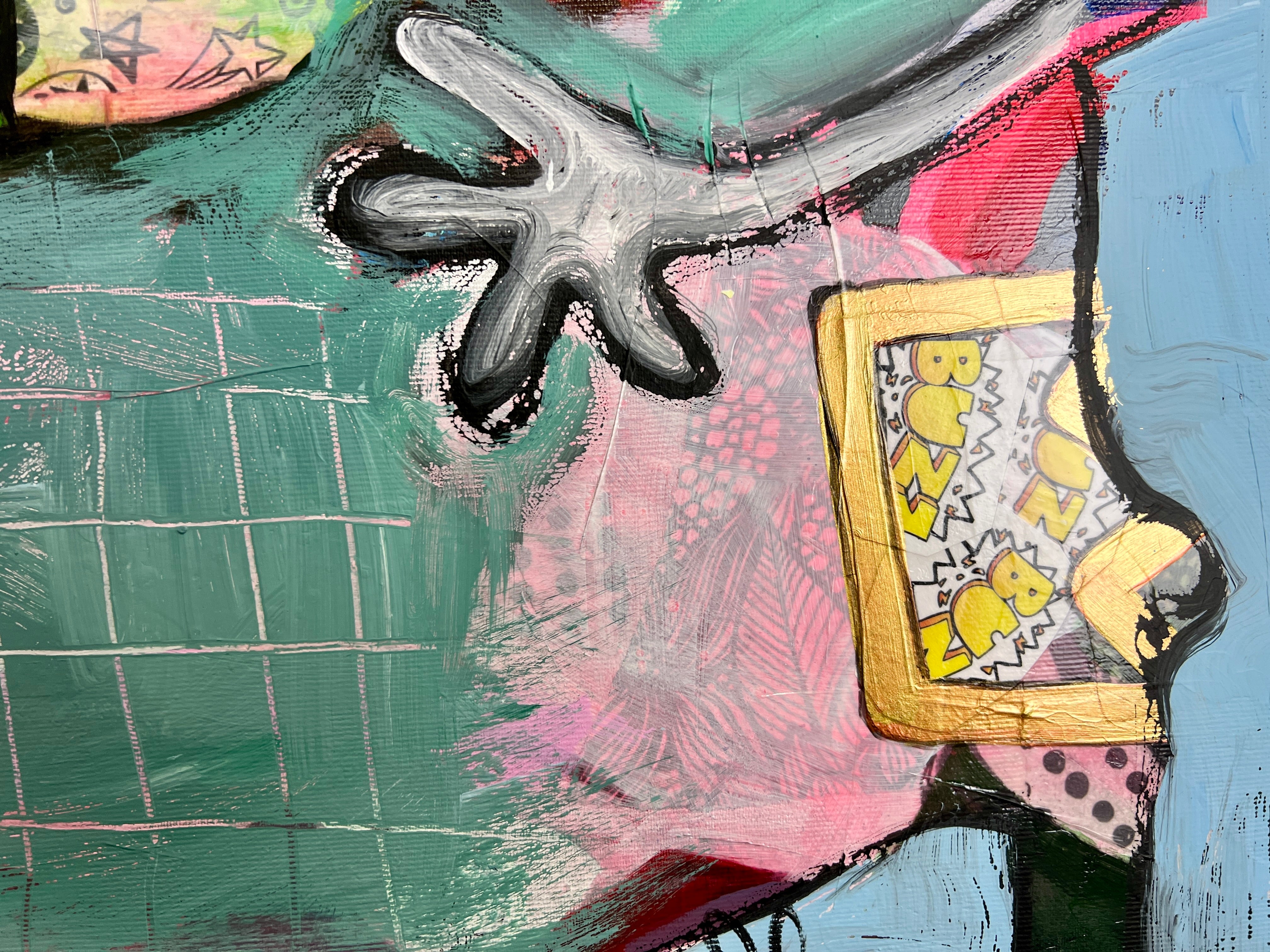 Pop Art 80x60cm Autumn Love, zwei Kühe Collage Schriftzug love is love Herbstfarben Freundschaft Lebensfreude Humor, Acryl Leinwand Original Fredi Gertsch, Detailansicht Collage