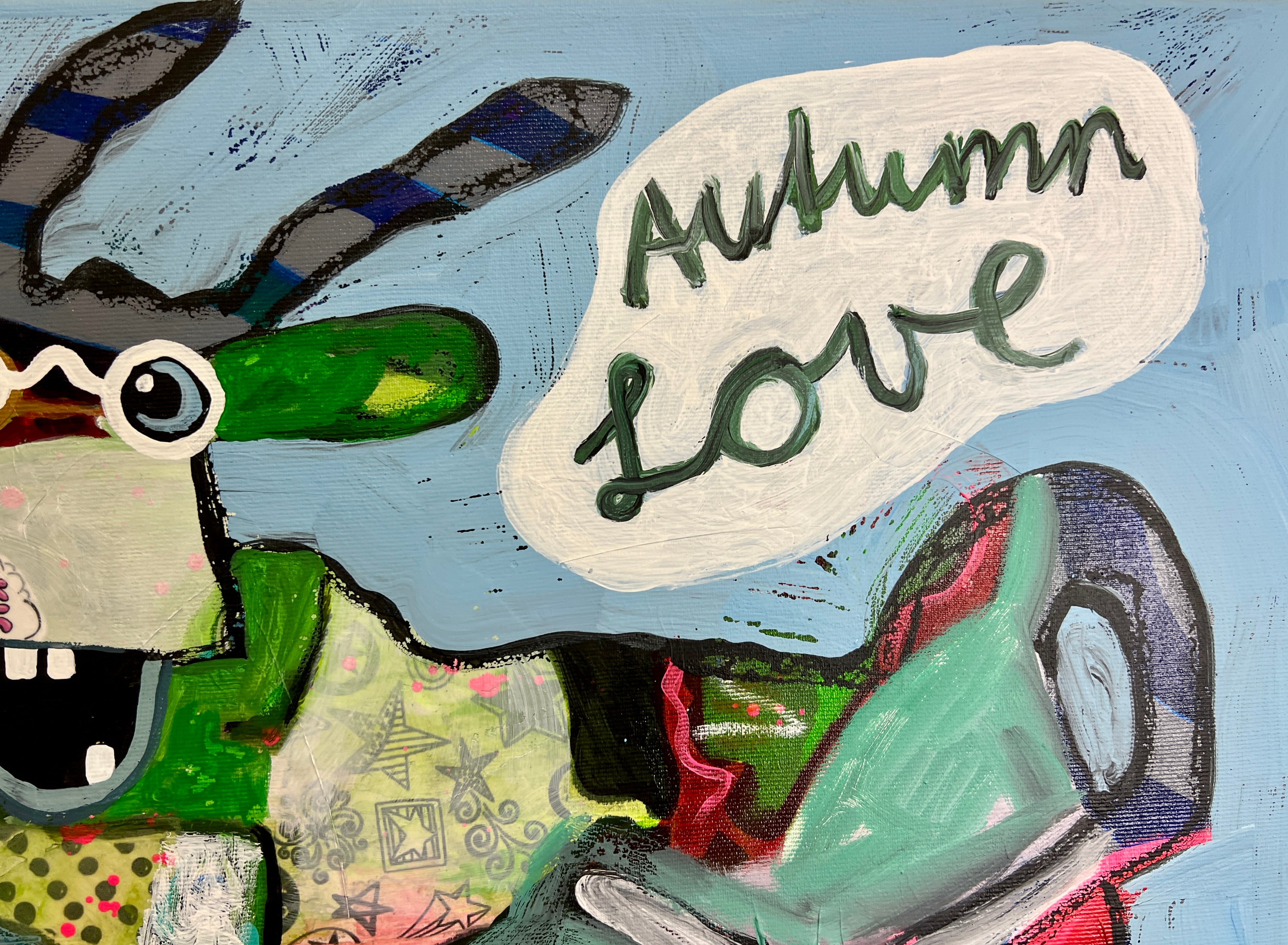 Pop Art 80x60cm Autumn Love, zwei Kühe Collage Schriftzug love is love Herbstfarben Freundschaft Lebensfreude Humor, Acryl Leinwand Original Fredi Gertsch, Detailansicht Schrift