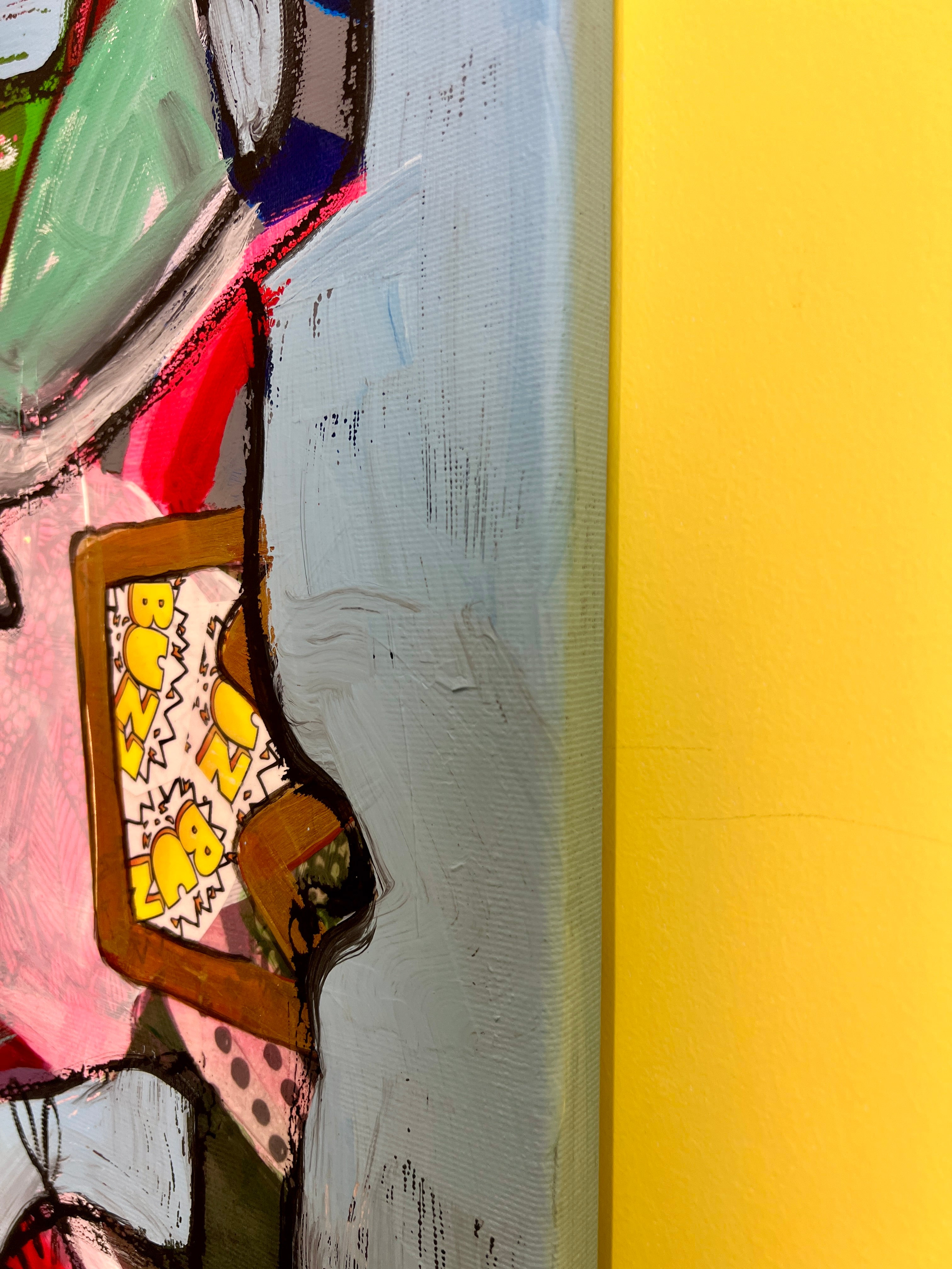 Pop Art 80x60cm Autumn Love, zwei Kühe Collage Schriftzug love is love Herbstfarben Freundschaft Lebensfreude Humor, Acryl Leinwand Original Fredi Gertsch, Seitenansicht