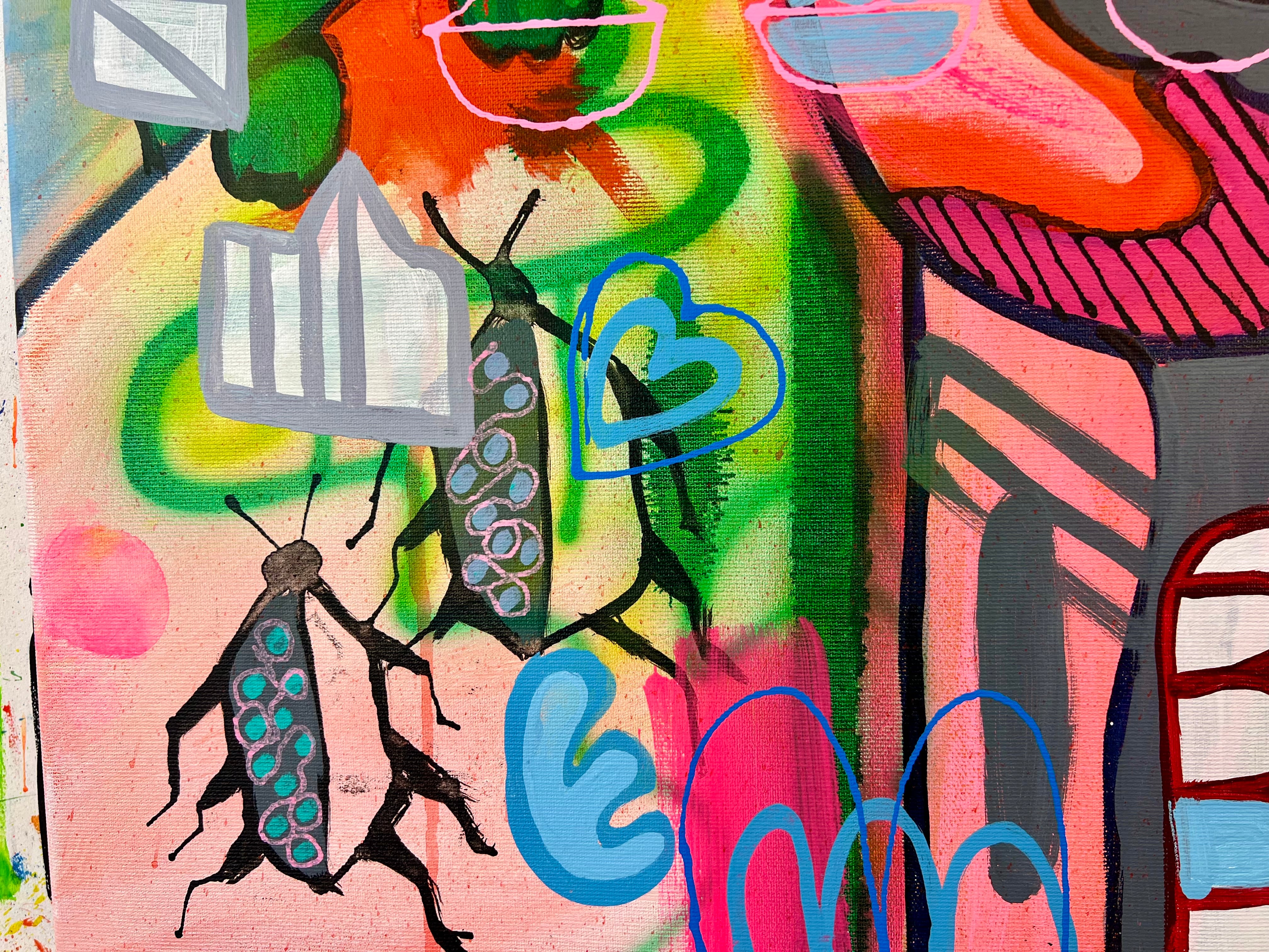 Pop Art 80x80cm Baby Meets Banksy, Baby-Kuh Street Art Gewimmel Banksy Mädchen Ballon Fische Herzen Symbole, Mut Liebe Individualität, Acryl Leinwand Original Fredi Gertsch, Dateilansicht Käfer