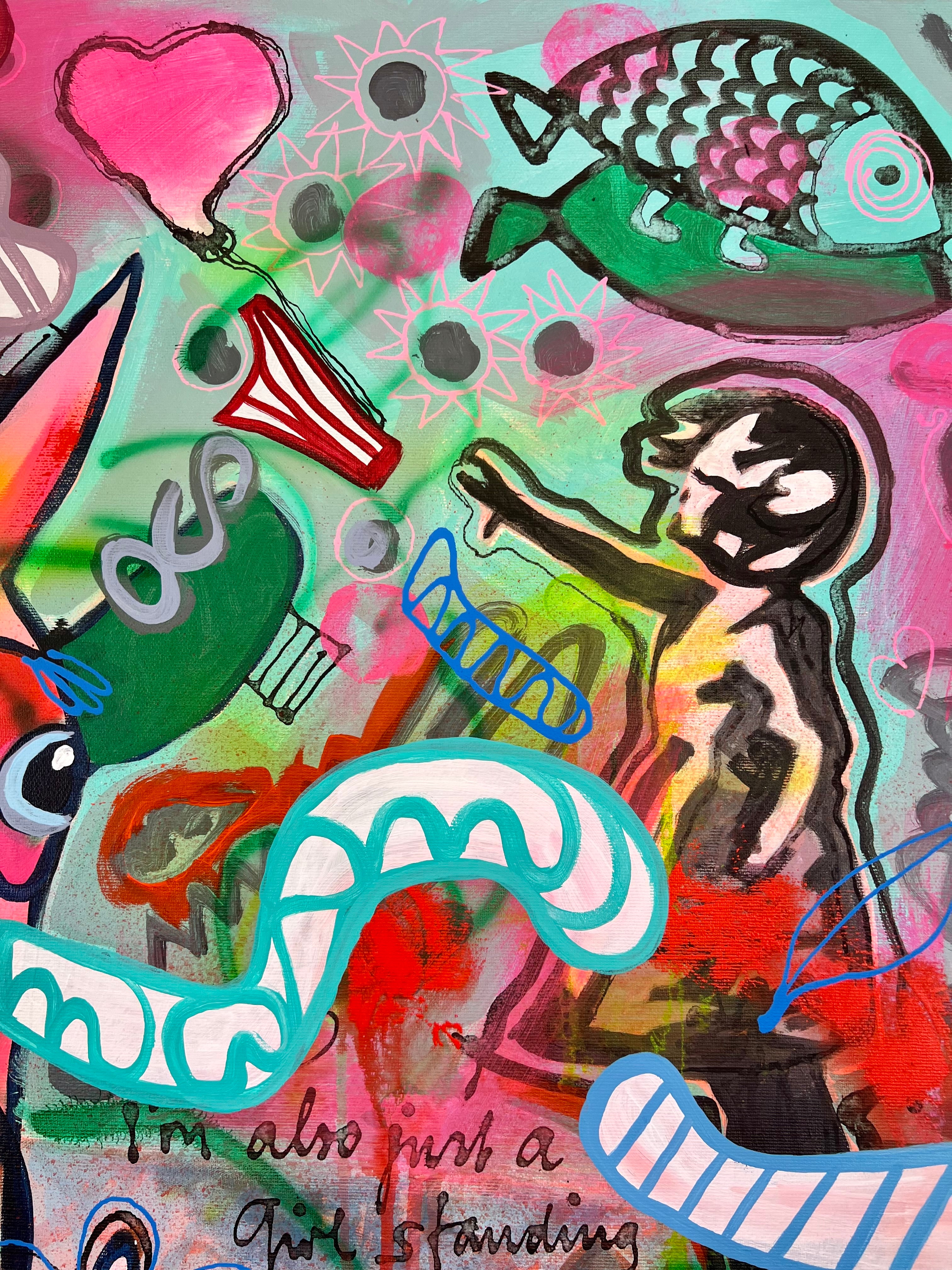 Pop Art 80x80cm Baby Meets Banksy, Baby-Kuh Street Art Gewimmel Banksy Mädchen Ballon Fische Herzen Symbole, Mut Liebe Individualität, Acryl Leinwand Original Fredi Gertsch, Detailansicht Mädchen mit Ballon