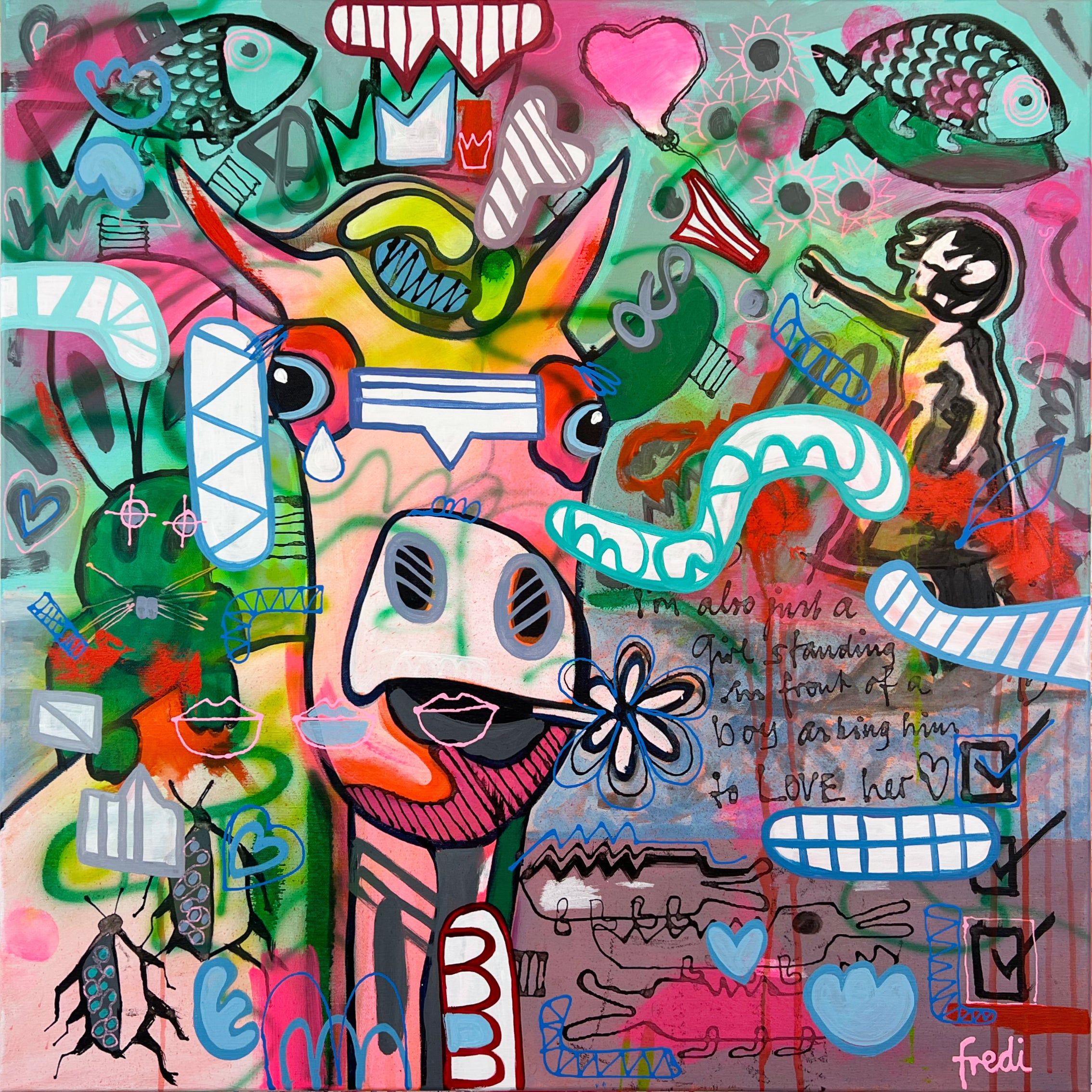 Pop Art 80x80cm Baby Meets Banksy, Baby-Kuh Street Art Gewimmel Banksy Mädchen Ballon Fische Herzen Symbole, Mut Liebe Individualität, Acryl Leinwand Original Fredi Gertsch
