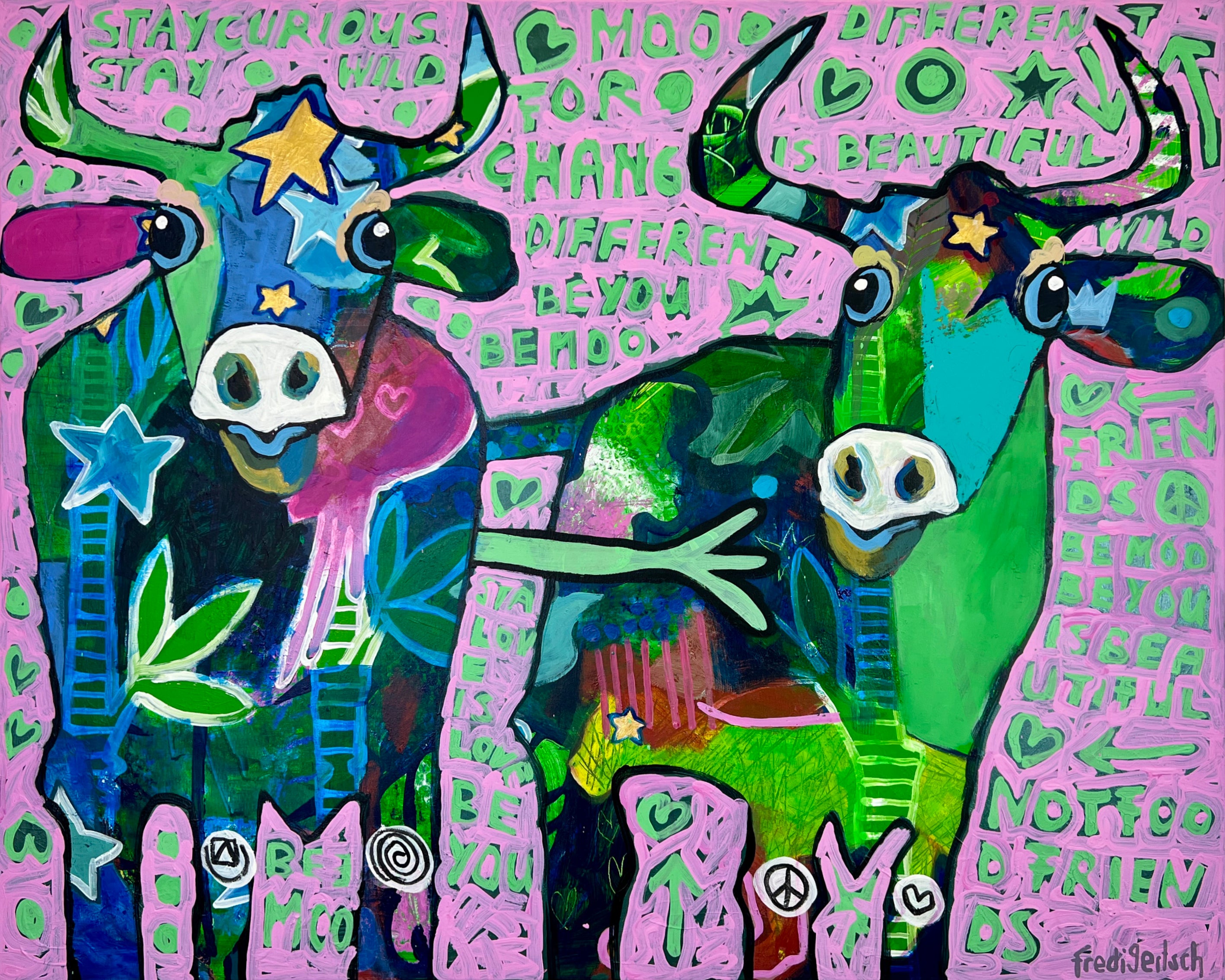 Pop Art 100x80cm Just Us Two Be You, zwei fröhliche Kühe Sterne Peace-Zeichen positive Botschaften Selbstakzeptanz Diversität Mut, Just Us Two Serie, Acryl Leinwand Original Fredi Gertsch