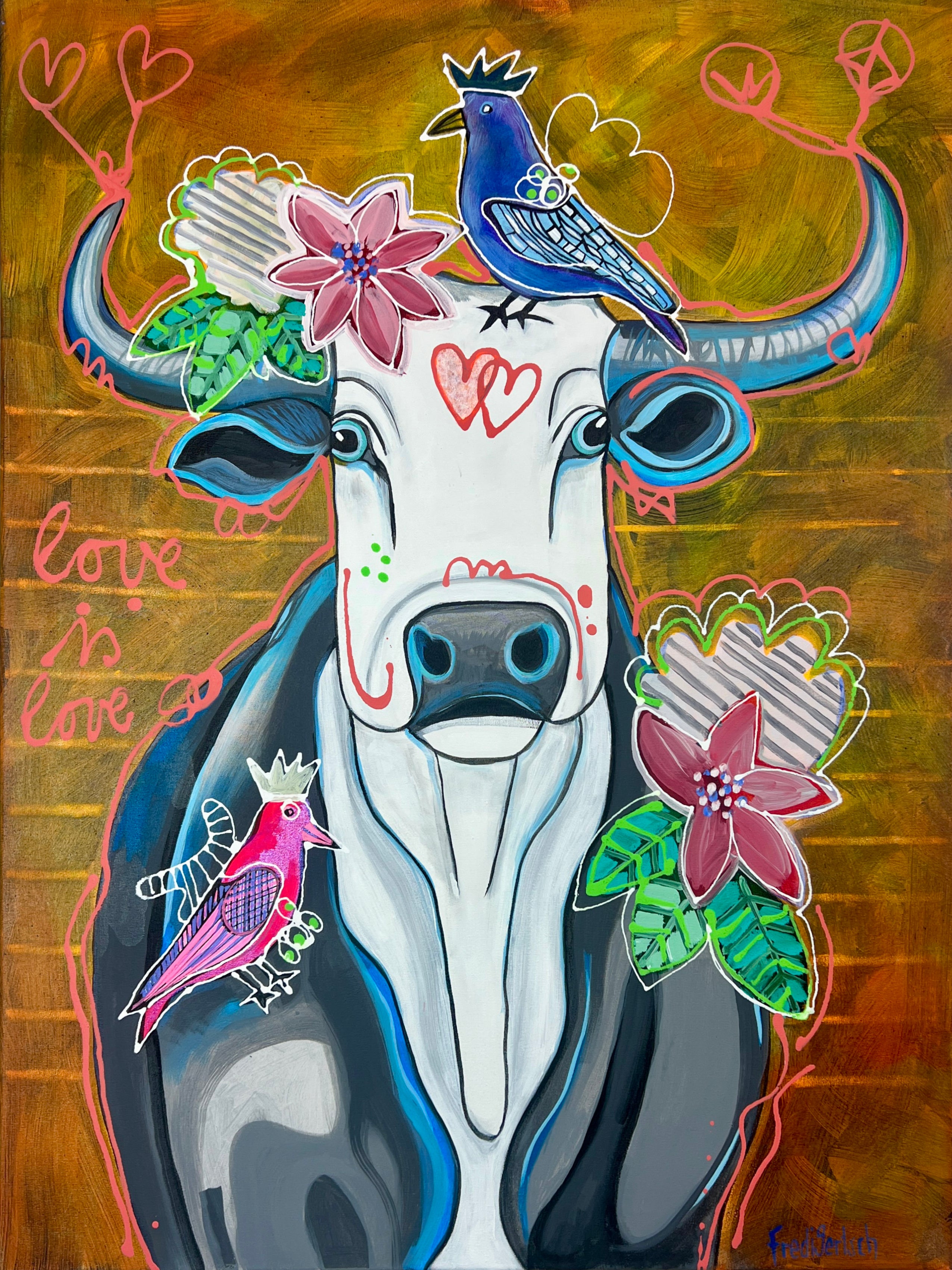 Pop Art Kuh 60x80cm Love is Love, schwarz-weisse Kuh zwei Vögel pink blau, LGBTQ+ Vielfalt, Acryl Leinwand Original Fredi Gertsch