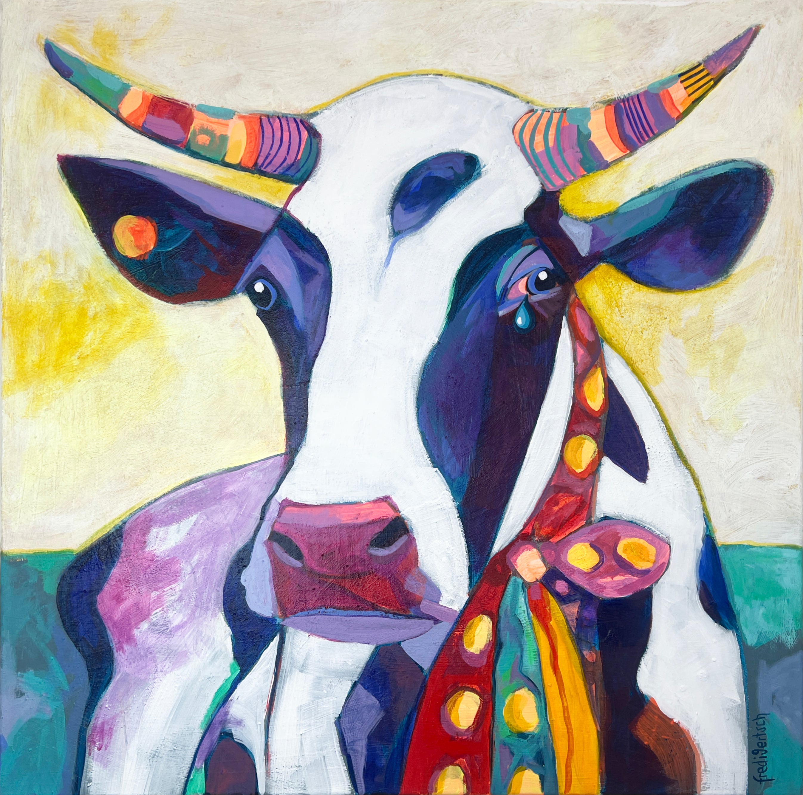 Pop Art Kuh 80x80cm Moody Blues, bunte Kuh Halstuch farbige Hörner Tropfen, Mooody Blues Serie, Acryl Leinwand Original Fredi Gertsch