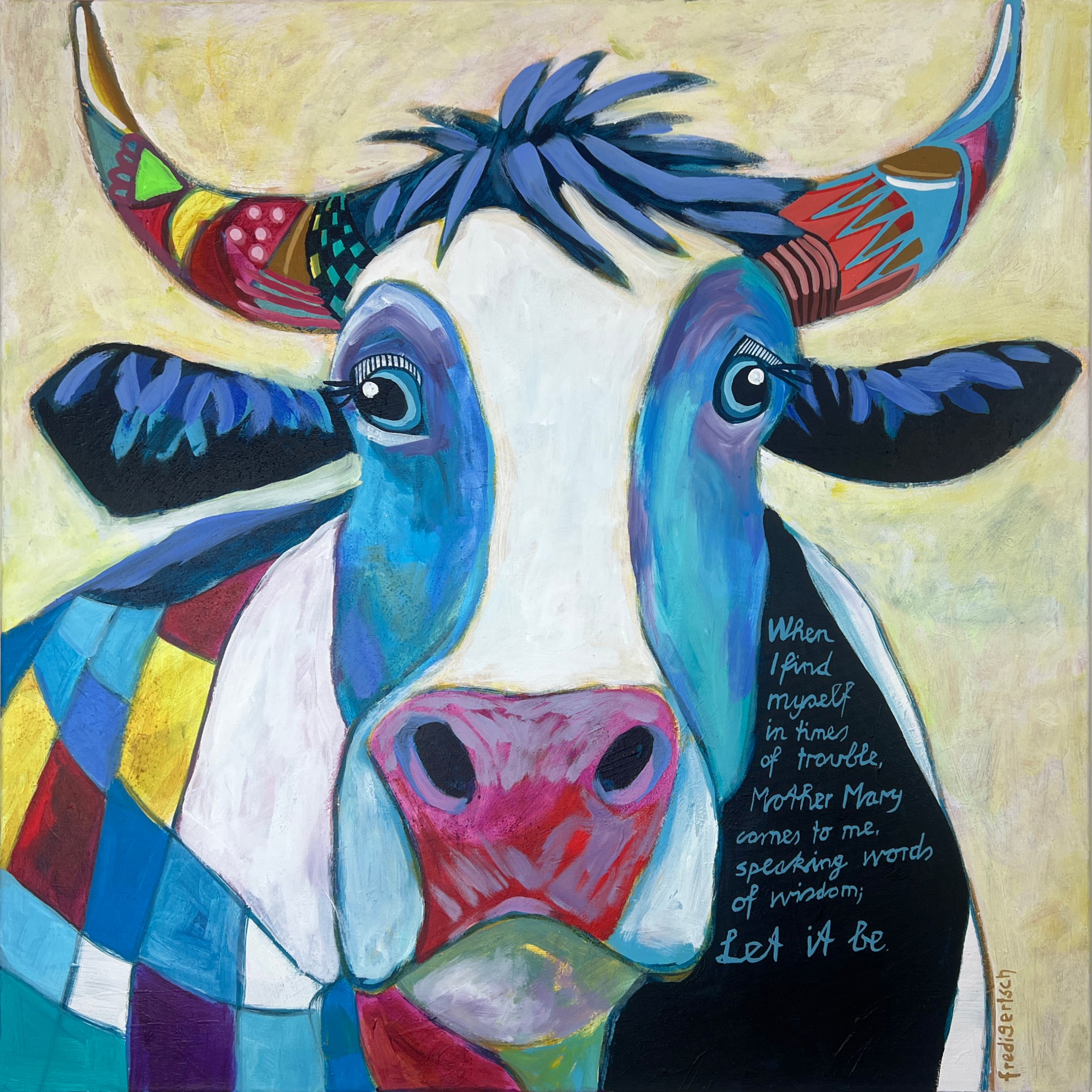 Pop Art Kuh 80x80cm Mother Mary Let it Be Beatles, bunte Kuh Patchwork Strubbelfrisur, Acryl Leinwand Original Fredi Gertsch