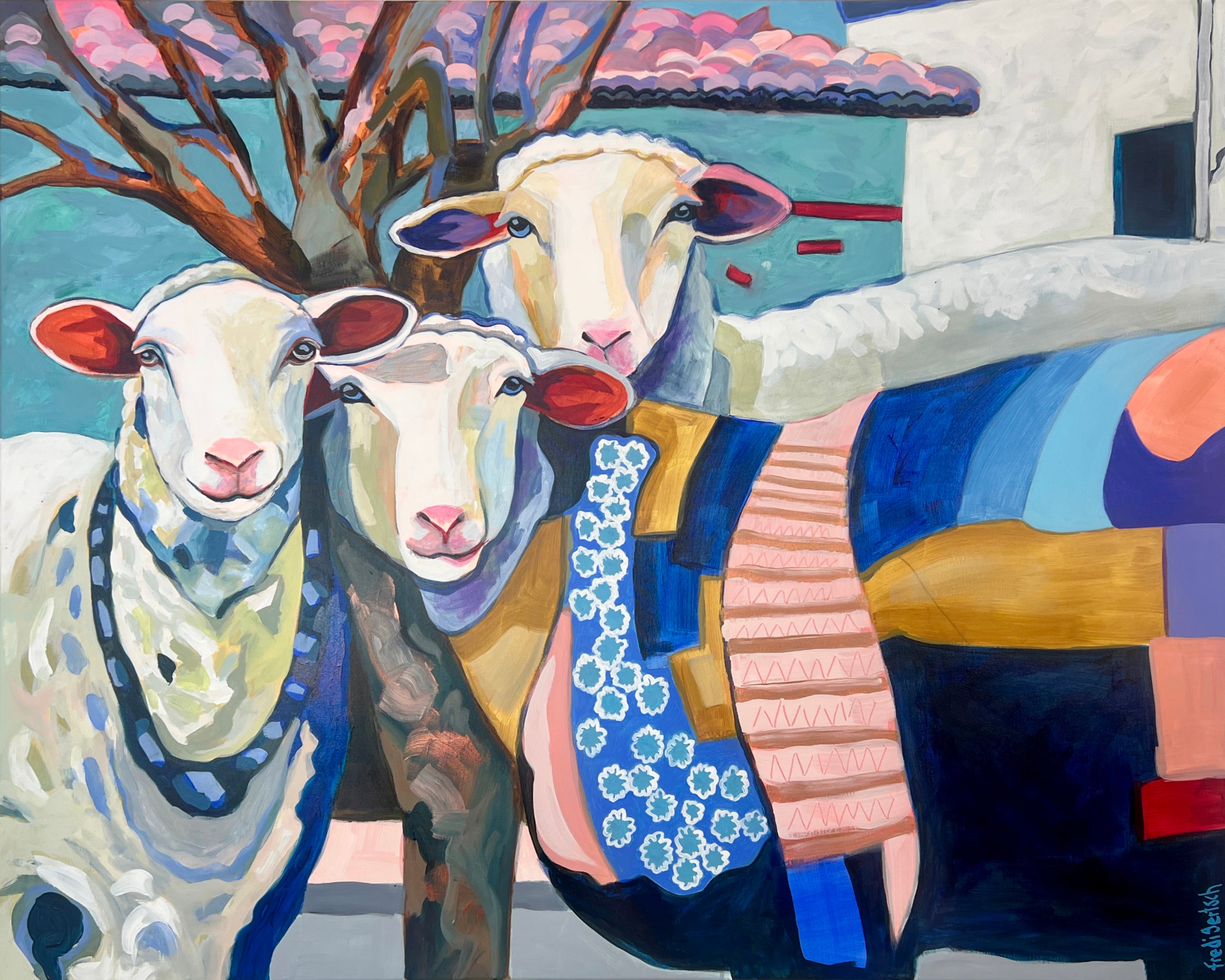 Pop Art Schafe 100x80cm Patchwork Dreams, drei Schafe buntes Fell, Acryl Leinwand Original Fredi Gertsch