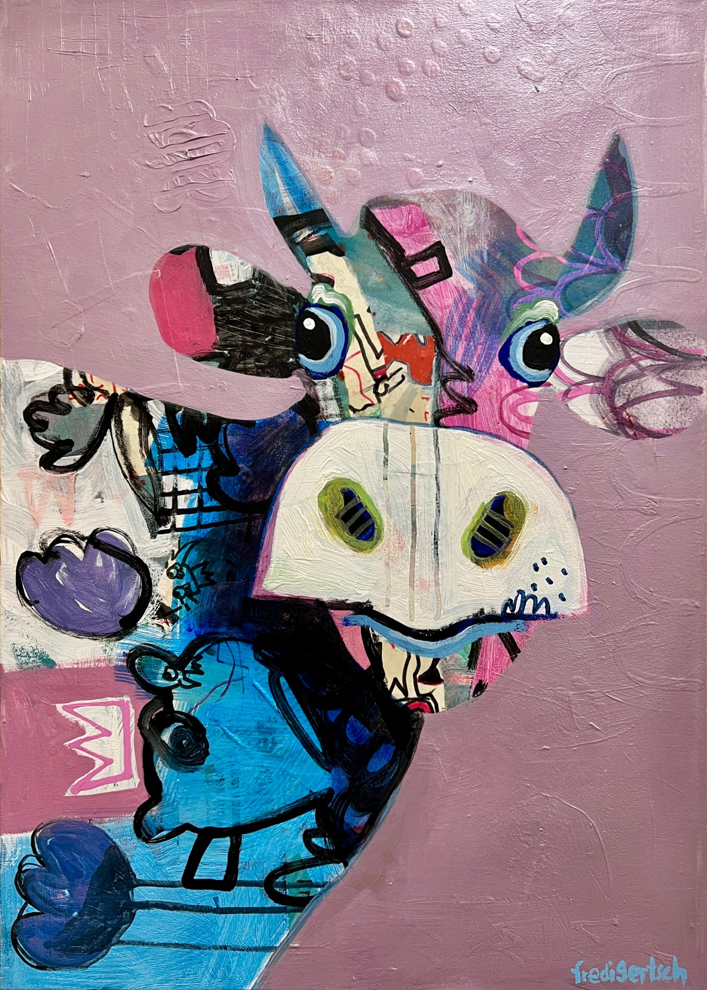 Pop Art 50x70cm VogelLisi Bärenstark, fröhliche Kuh bunte Hörner Bär Krone Collage Mut Stärke Humor, VogelLisi Serie, Acryl Collage Leinwand Original Fredi Gertsch