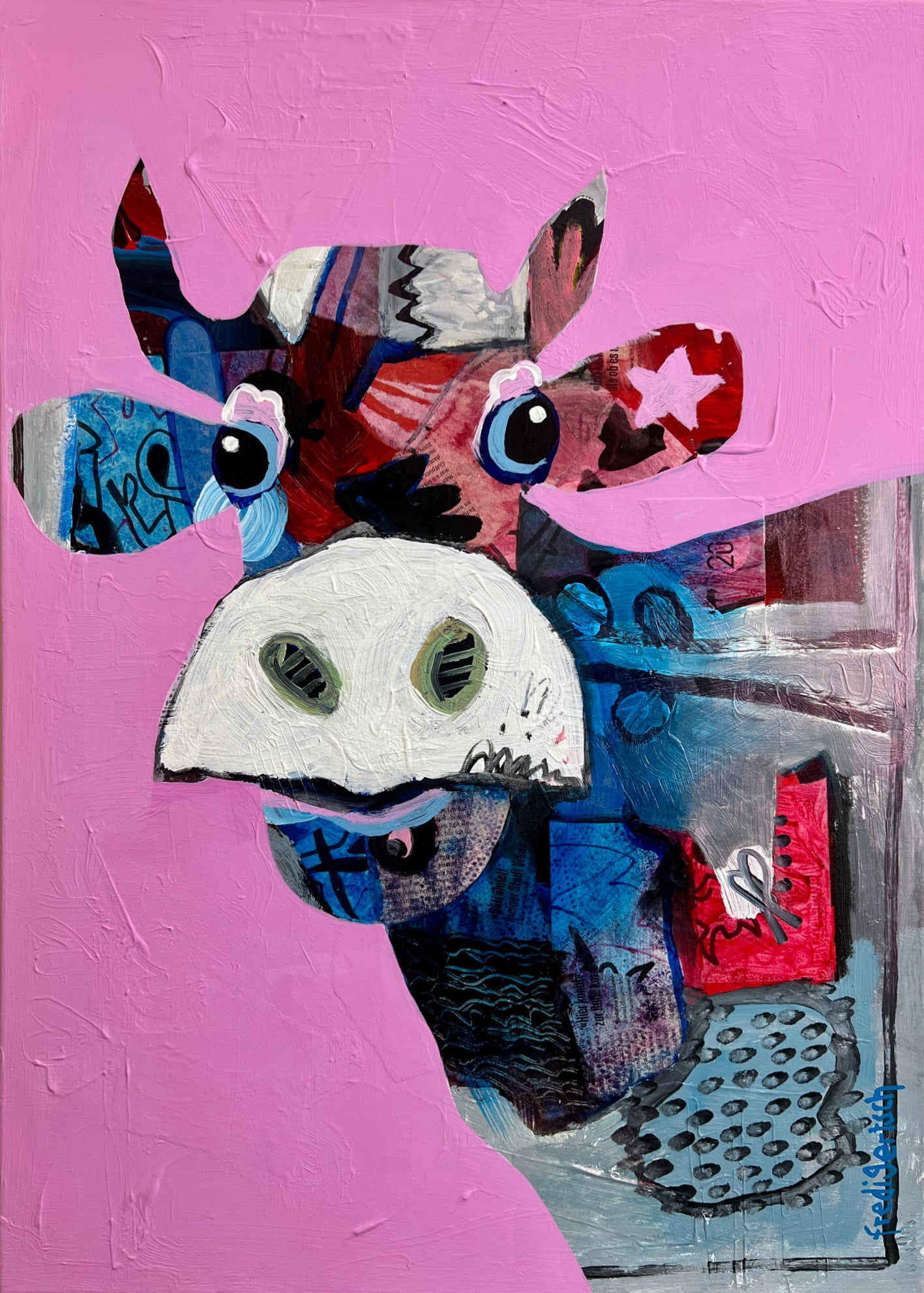 Pop Art 50x70cm VogelLisi Sternenzauber, fröhliche Kuh Vogel Stern rosa Hintergrund Collage Magie Träume Humor, VogelLisi Serie, Acryl Collage Leinwand Original Fredi Gertsch