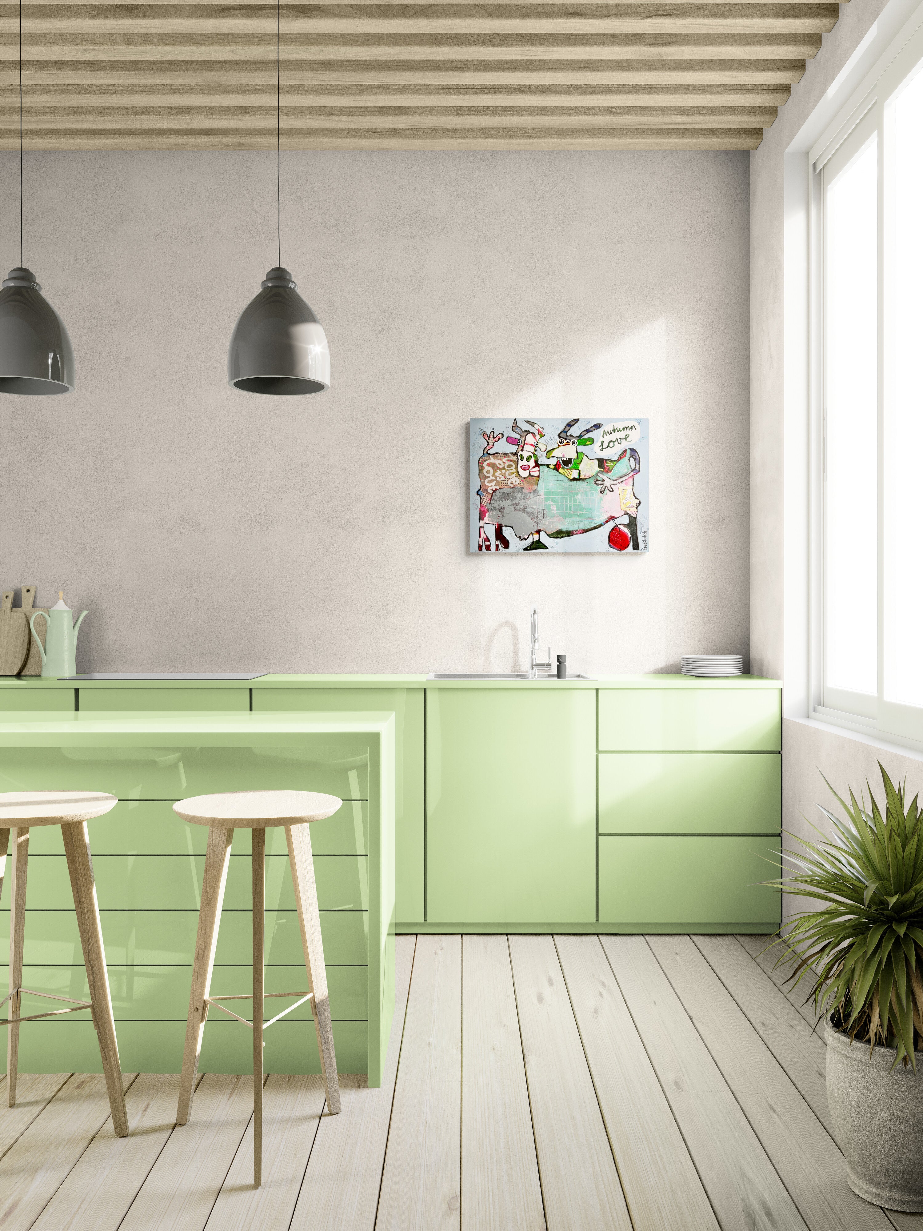 Pop Art 80x60cm Autumn Love, zwei Kühe Collage Schriftzug love is love Herbstfarben Freundschaft Lebensfreude Humor, Acryl Leinwand Original Fredi Gertsch, in Wohnküche