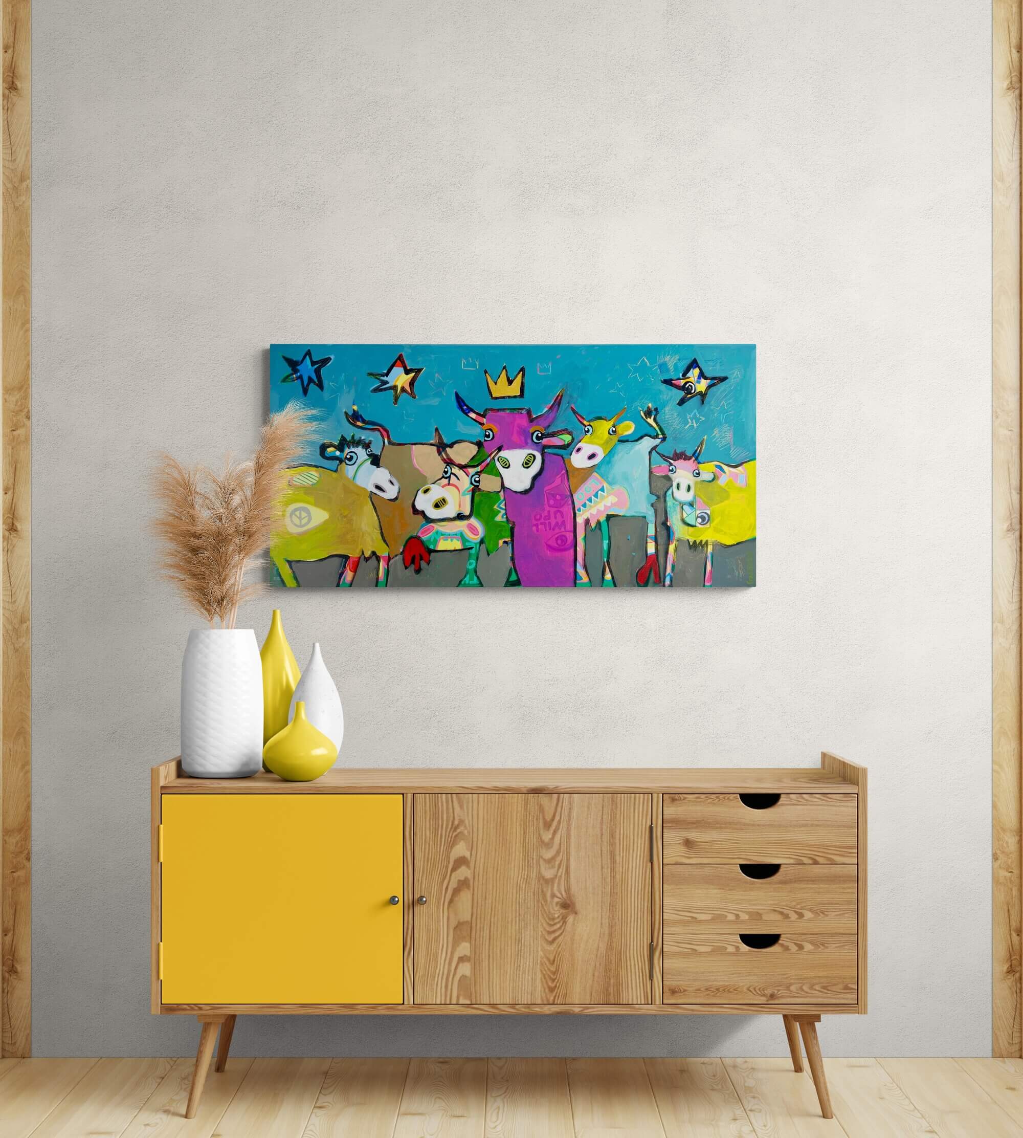 Pop Art Kühe 120x60cm Herde heimzu Sternennacht, fünf Kühe Sternenhimmel Krone Alpaufzug Zusammenhalt, durch Dick und Dünn Gemeinschaft, Acryl Leinwand Original Fredi Gertsch, in Wohnraum über Kommode