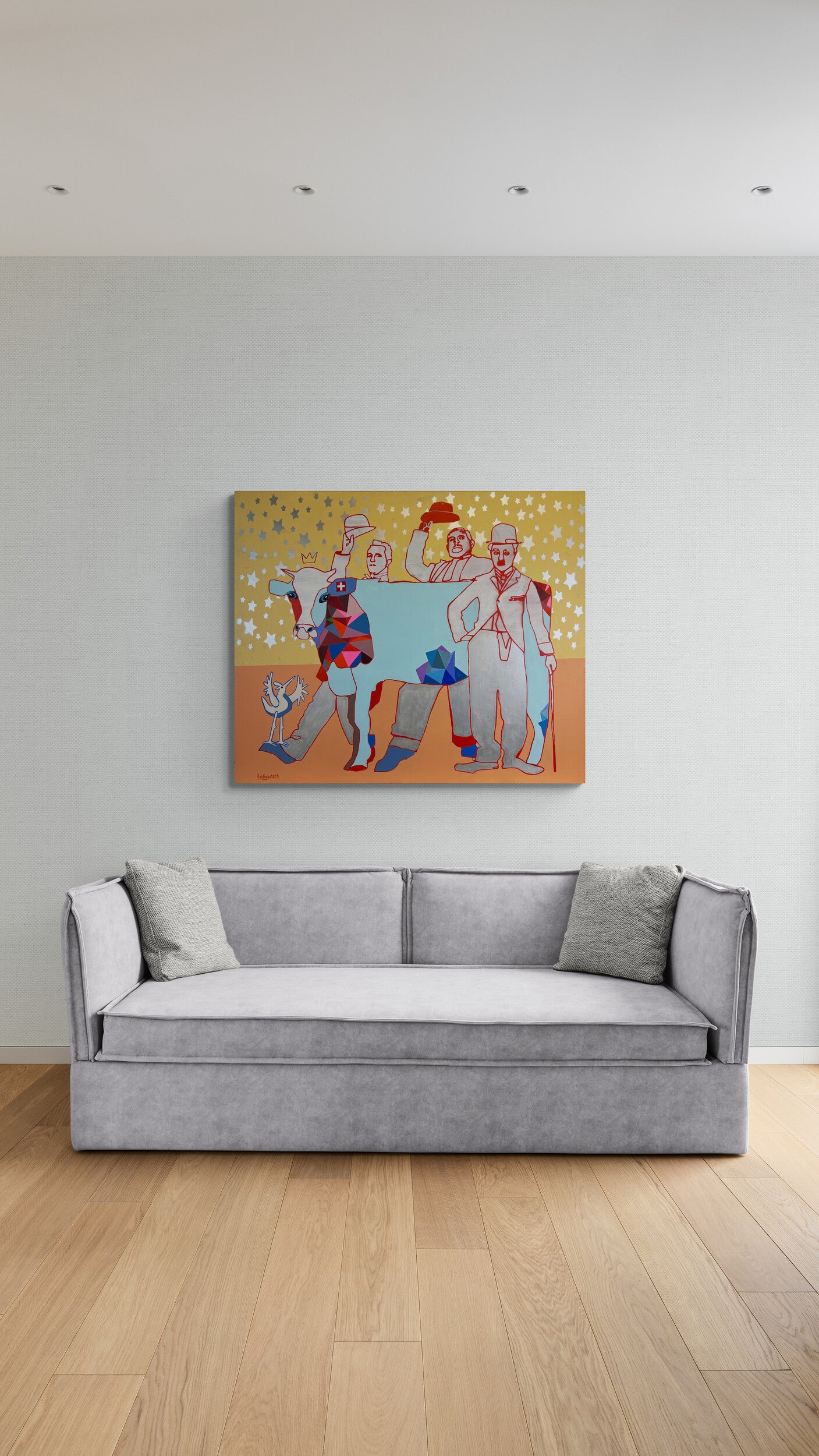 Pop Art 120x100cm A Star is Born, Kuh Charlie Chaplin Laurel Hardy Sternenhimmel Nostalgie Kreativität Lebensfreude, Hollywood Legends Serie, Acryl Leinwand Original Fredi Gertsch, in Wohnraum