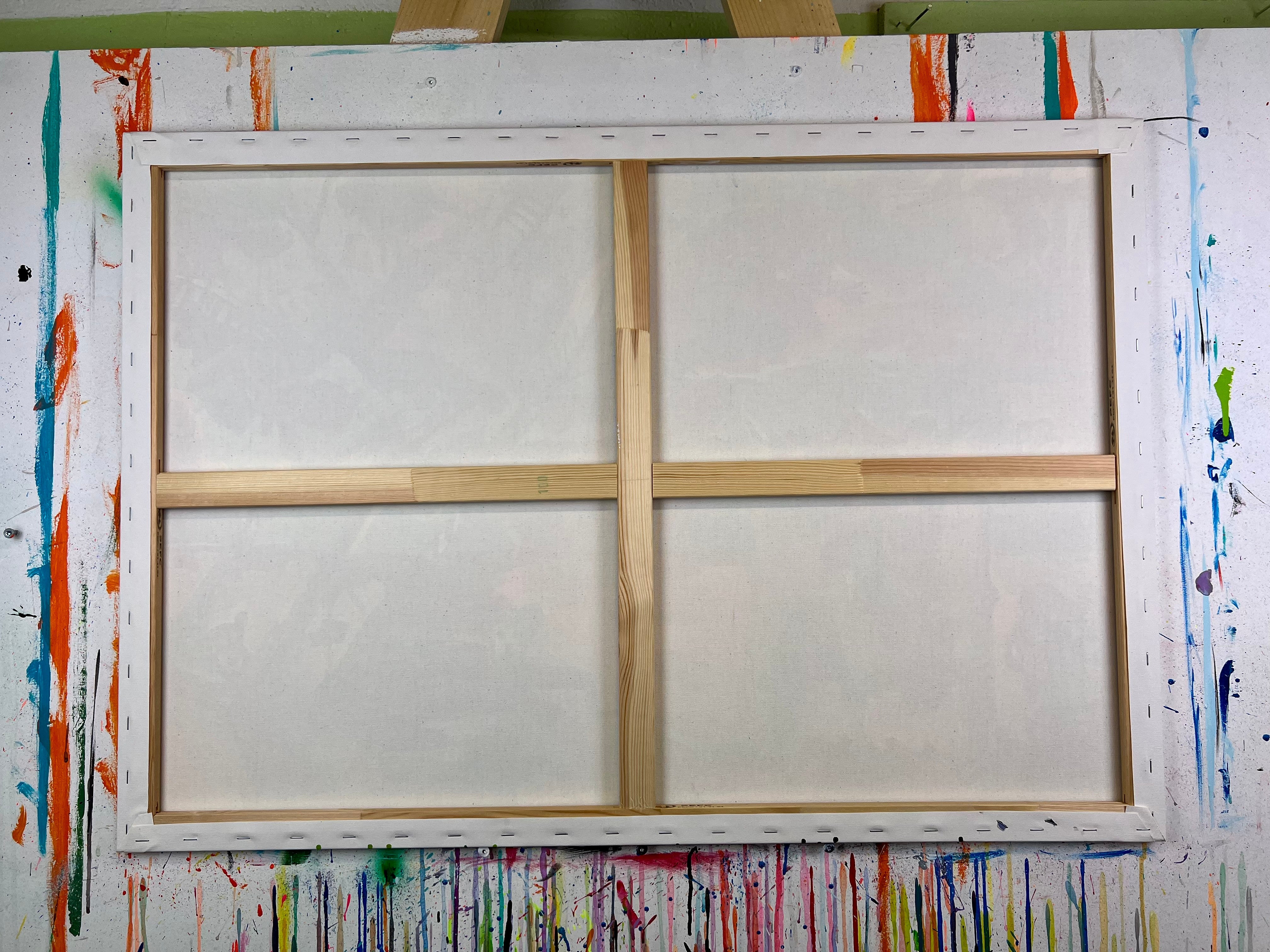 Pop Art 100x70cm Simply Red Cow, rote Kuh High Heels Vogel Achselpatten Hase weisser Hintergrund schwarze Sterne, Individualität Selbstbewusstsein, Acryl Leinwand Original Fredi Gertsch, Rückseite Leinwand